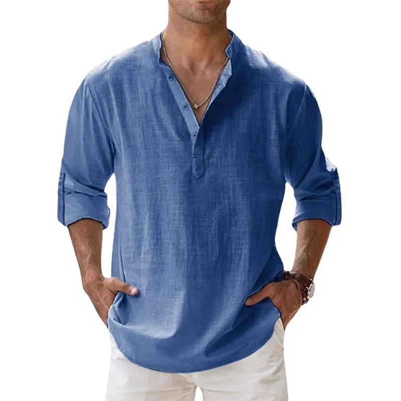 Herren Leinenhemd mit Henley-Ausschnitt | Atmungsaktives Sommerhemd aus leichtem Leinen | Klassisches Freizeit-Shirt Langarm