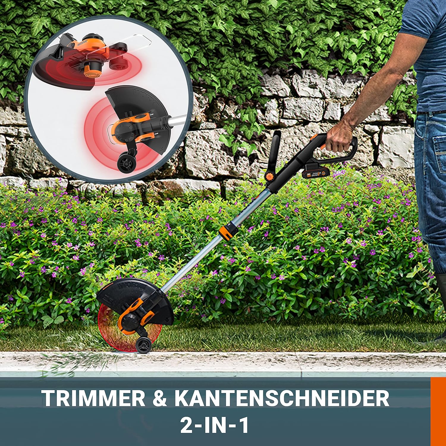 WORX 18V(20V MAX) Akku Rasentrimmer WG163E.3, 2-in-1 rasenkantenschneider mit 90° drehbarer Trimmerkopf, Teleskopstiel, Powershare, 2 x 2,0 Ah Akku