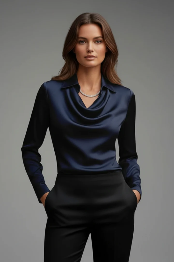 Satinbluse Damen mit Wasserfallausschnitt und Langarm | Elegante Bluse mit flie?endem Fall und geradem Schnitt f��r das Layering