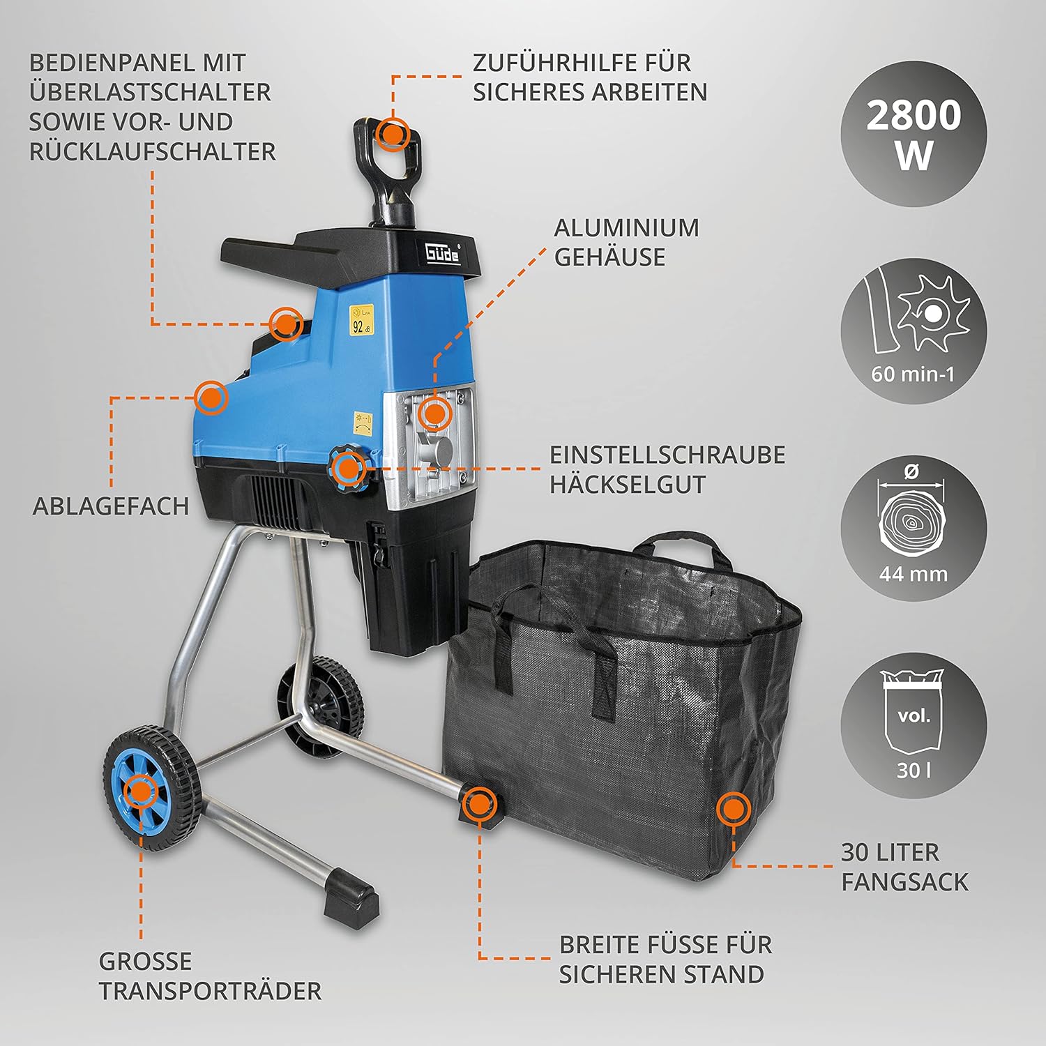 Güde Gartenhäcksler GH 2801 SILENT (2800 W, max. Astdicke 44 mm, geräuschreduzierte Walzentechnik, hoher Materialdurchsatz, Vor- und Rücklauffunktion, Überlastschalter, 30 l Fangsack, Zuführstock)