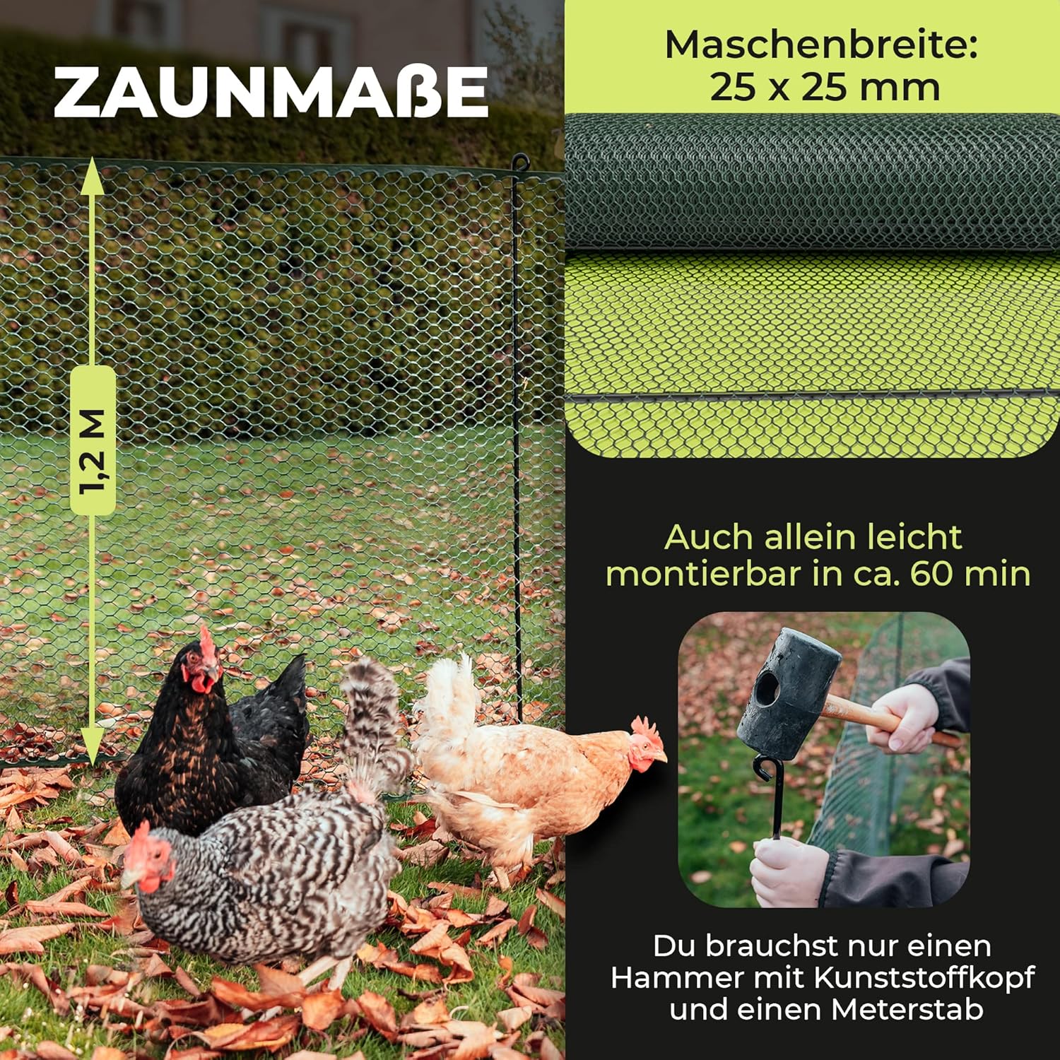 SELFmania Hühnerzaun 25m lang | ENGMASCHIG STABIL UV-SCHUTZ 120 cm hoch | Freilaufgehege Hühner mit 21 Befestigungsstäben + 25 U-Heringe | Hundezaun | Kleintiere | Geflügelzaun | Hühner Zubehör