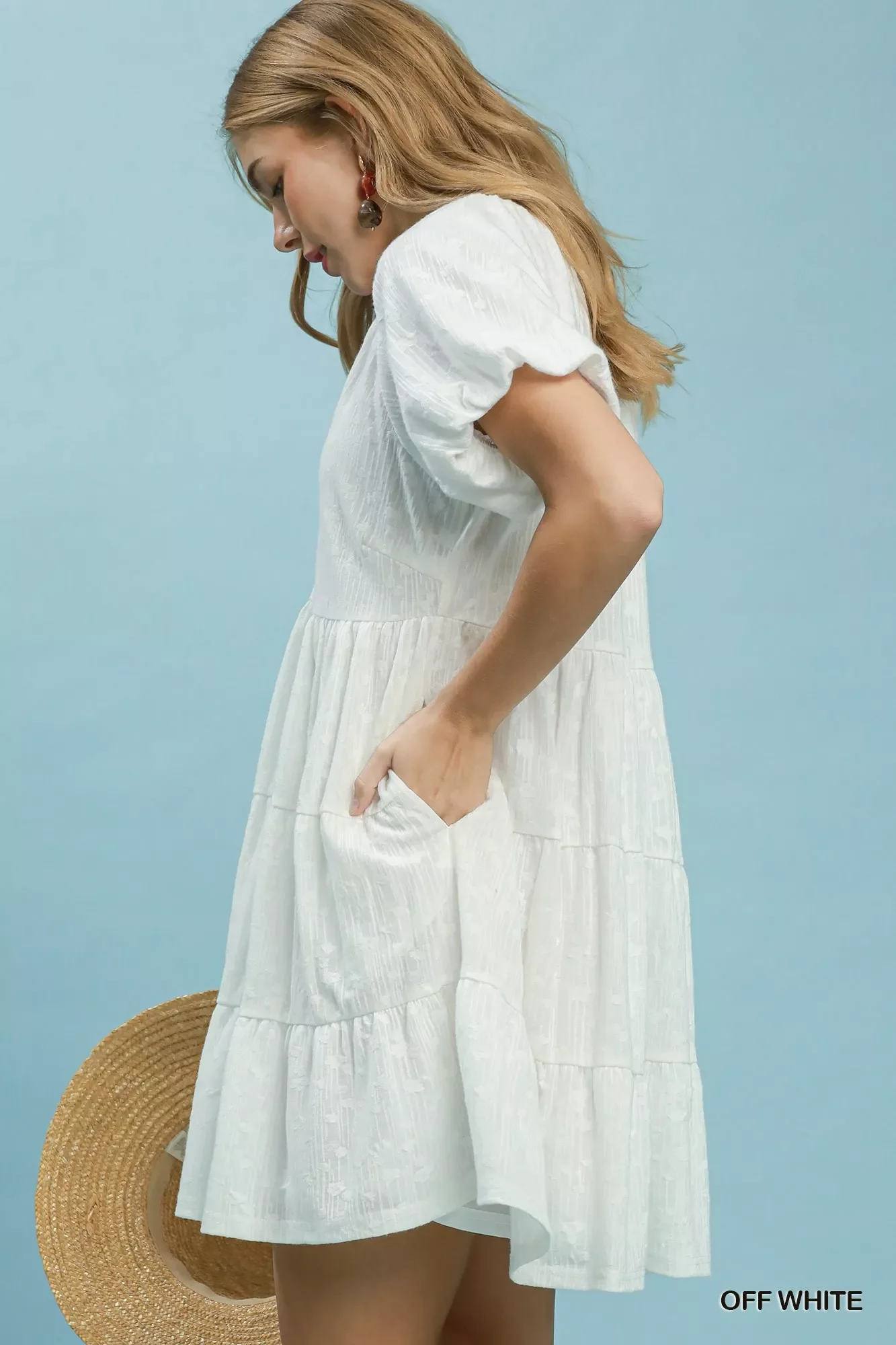 Umgee Jacquard Puff Sleeve Mini Dress