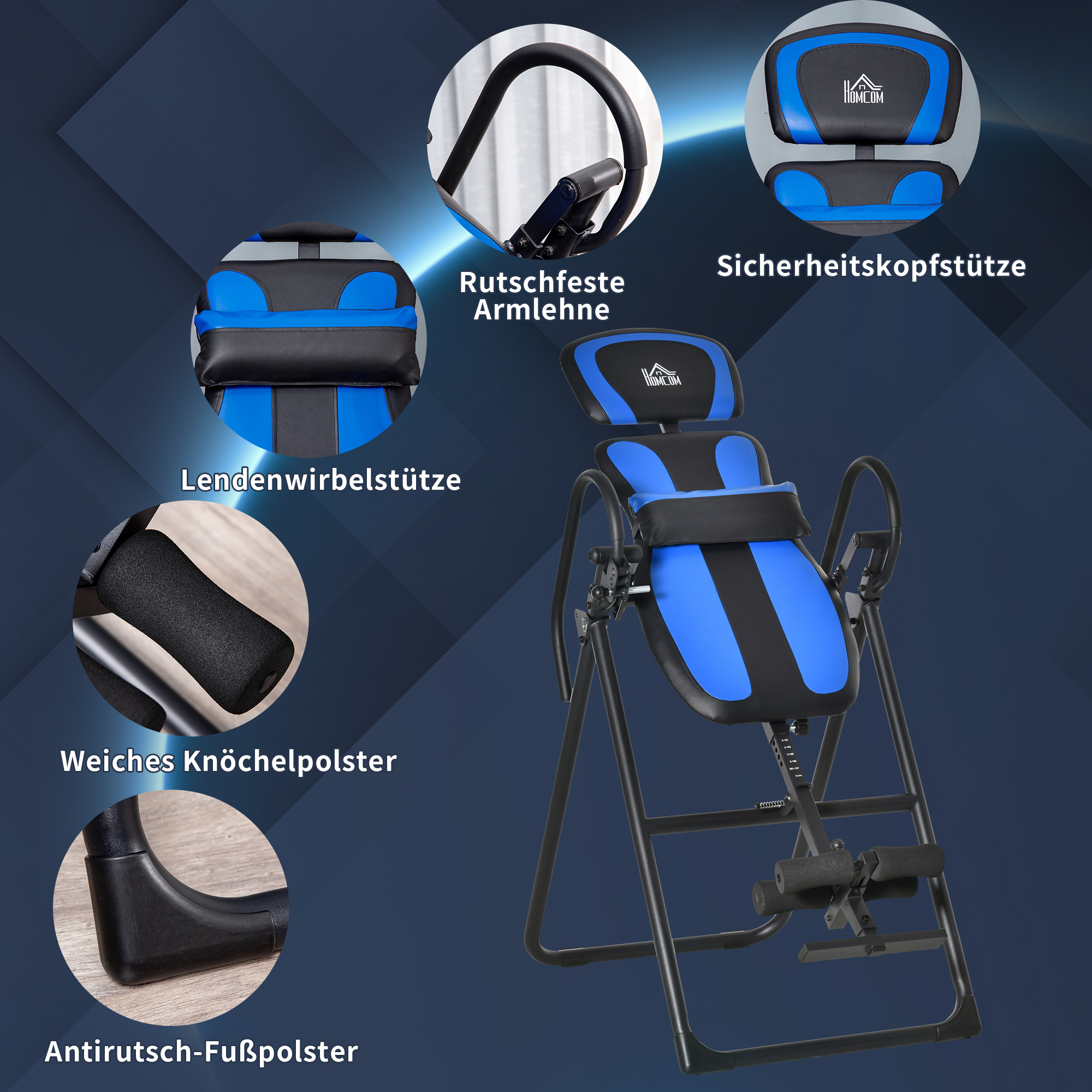 inversiebank opvouwbare zwaartekrachttrainer met twee beweegbare wielen set rugkussen metaal ABS zwart + blauw 132 x 71 x 145 cm