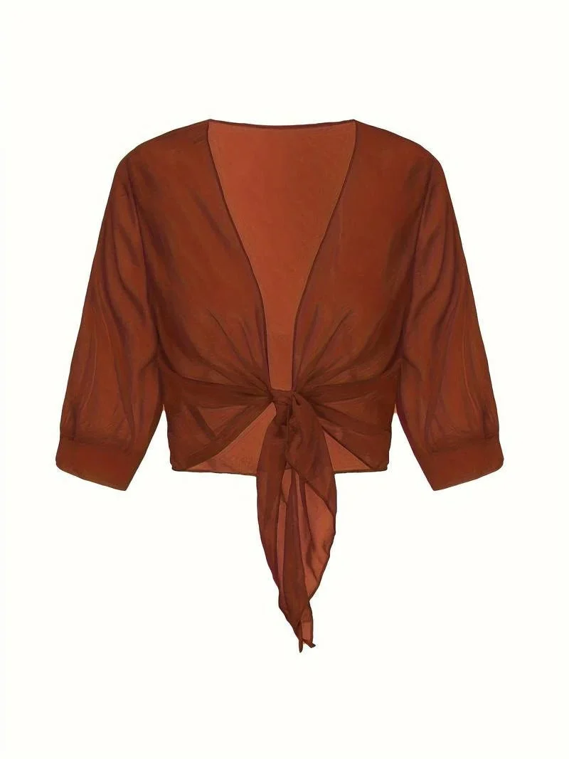 Transparente Damen-Bluse mit Bindeknoten und 3/4-?rmeln
