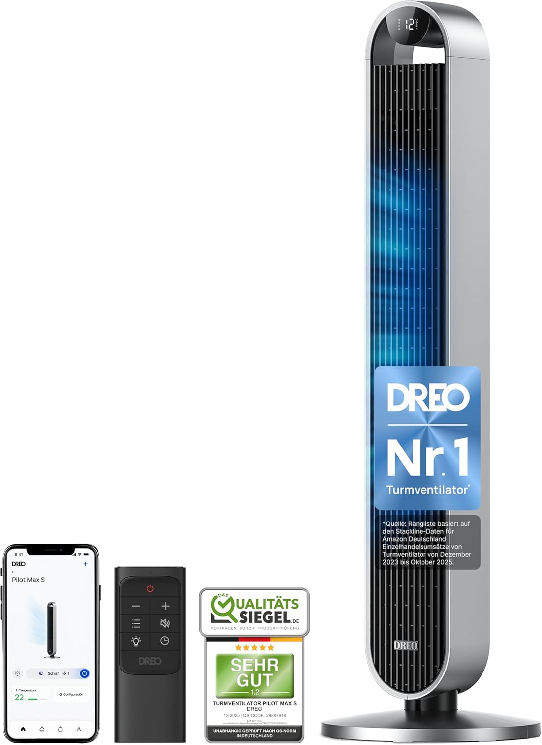 DREO Smart Turmventilator Sehr Leise, 120° Oszillierender Ventilator mit Kühlung, 25dB Standventilator mit Fernbedienung für Schlafzimmer, 12 Geschwindigkeiten, 4 Modi, 12-Stund-Timer, Pilot Max S