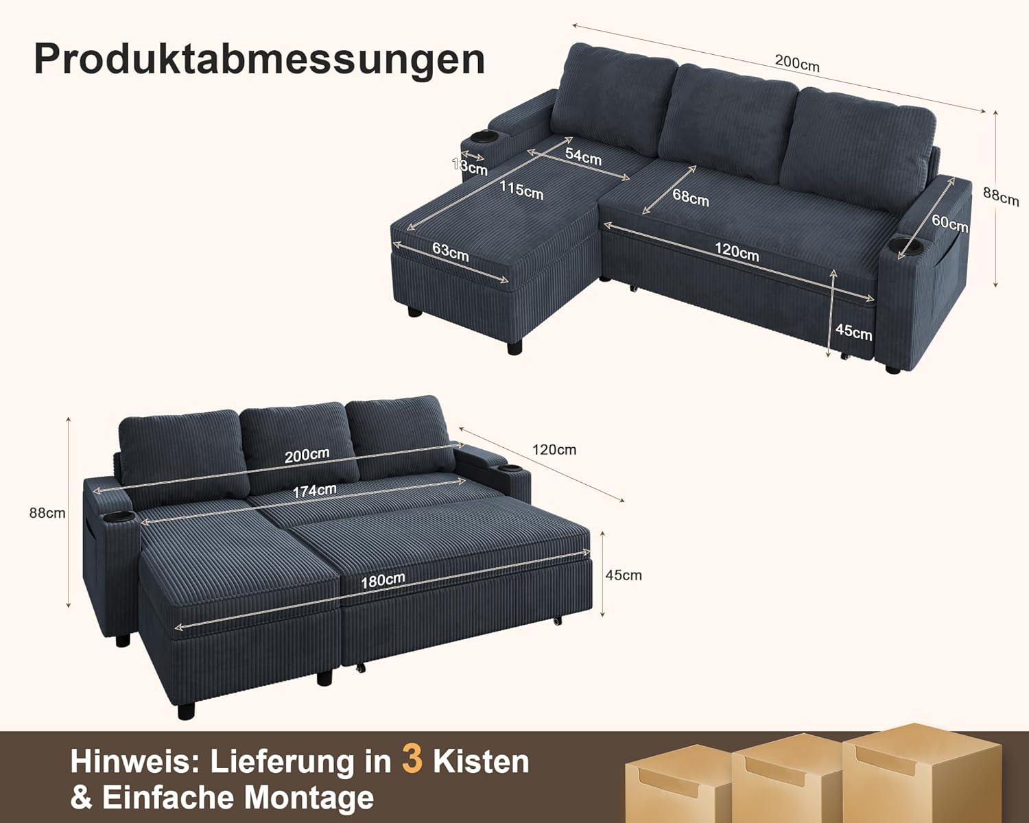 Devoko Ecksofa mit Schlaffunktion und Bettkasten L-Form Sofa 3-Sitzer Ausziehbares Schlafsofa Velours Couch Kleines Schlafcouch für Wohnung und Wohnzimmer, Blauschwarz