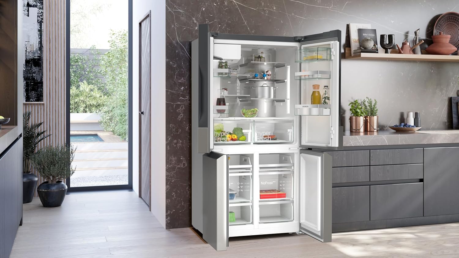 SIEMENS KF96NVPEA iQ300 Multi-Door-Kühlschrank, 183 x 91 cm, 405 L Kühlen & 200 L Gefrieren, hyperFresh längere Frische, noFrost nie wieder abtauen, superCooling schnellere Kühlung