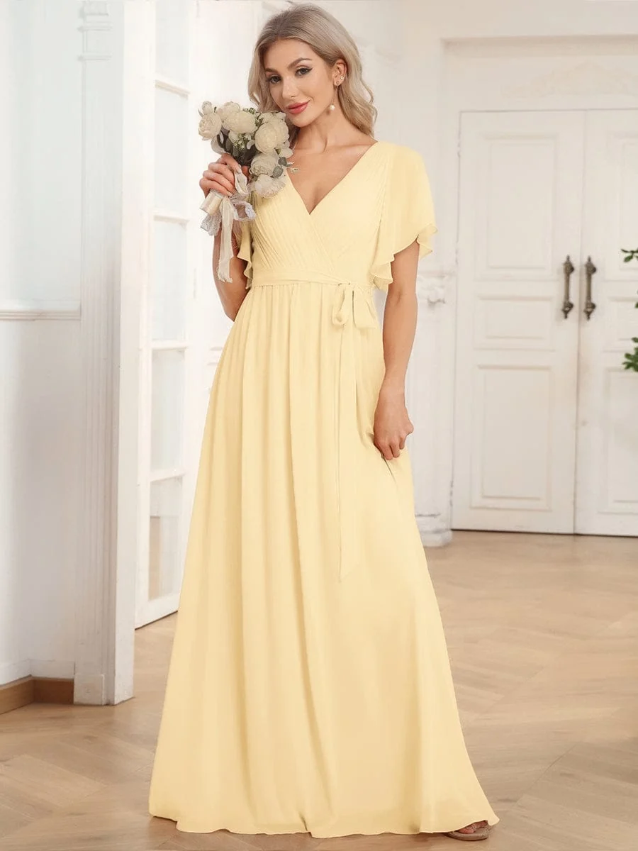 Abendkleid Damen Maxi A-Linie aus Chiffon | Festliches Kleid f��r Hochzeitsg?ste mit V-Ausschnitt und Fl��gel?rmeln