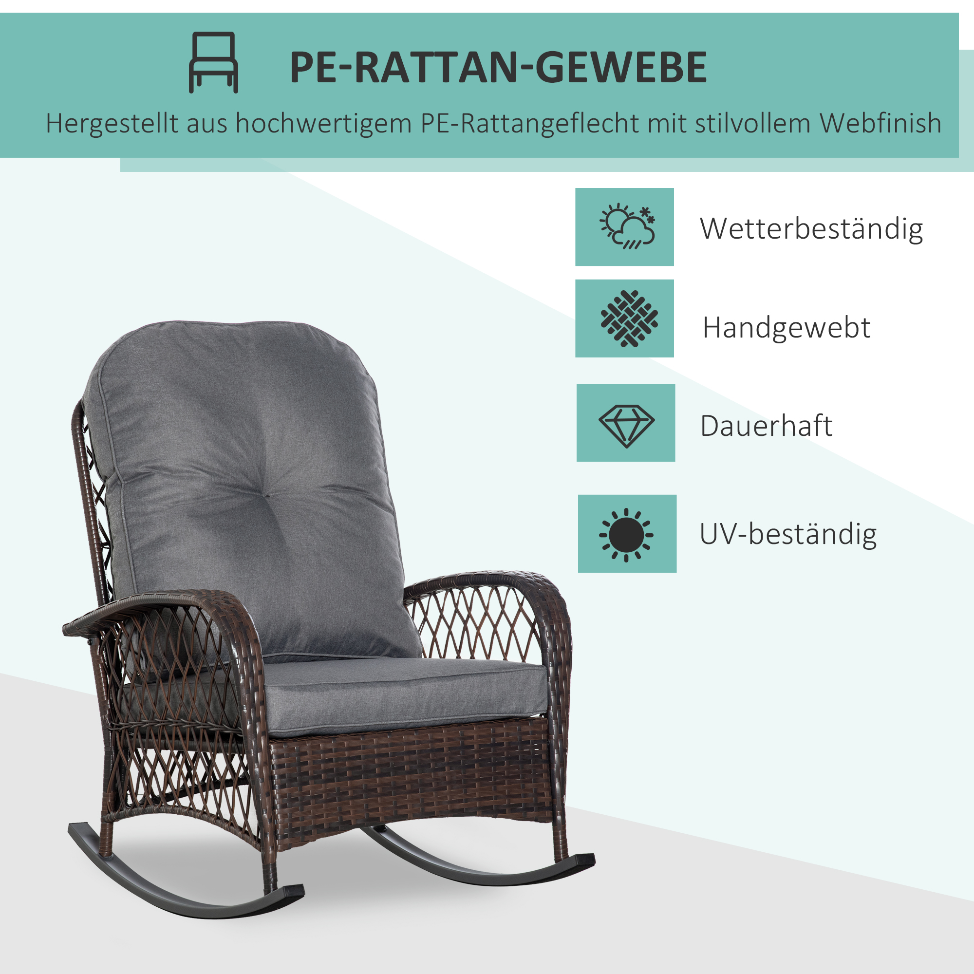 Outsunny poly rotan schommelstoel, schommelstoel, tuinstoel met kussen, loungemeubels, tuinmeubelen, terrasmeubels, bruin, 75 x 103 x 96 cm