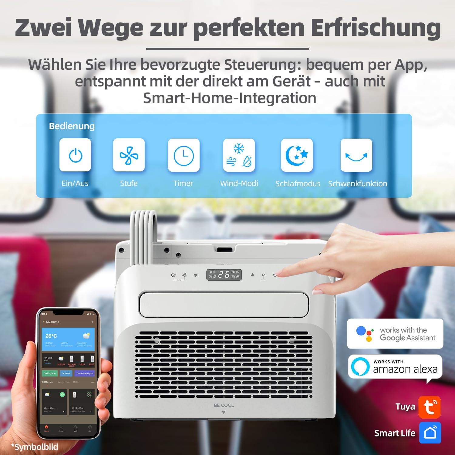 BE COOL BC5CSKL26 3in1 Mini Split Klimaanlage 5000 BTU mit WiFi, App-Steuerung, Kühlen, Lüften, Entfeuchten, 24h Timer, Schlafmodus, für Räume bis 12 m², Wohnmobil, Wohnwagen, weiß