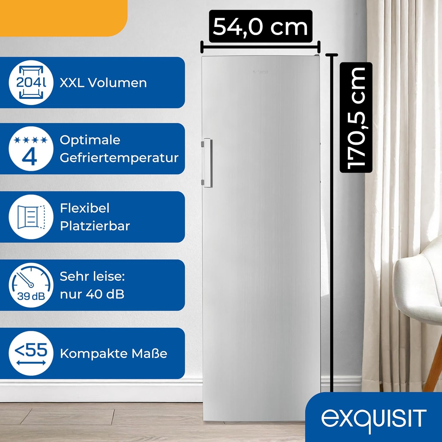 Exquisit Gefrierschrank | 204 l Nutzinhalt, Energieklasse E, 39 dB(A) | NoFrost, Schnellgefrieren, elektronische Temperaturregelung, Türalarm, hohe Bauform | GS5271-NF-H-040E inoxlook