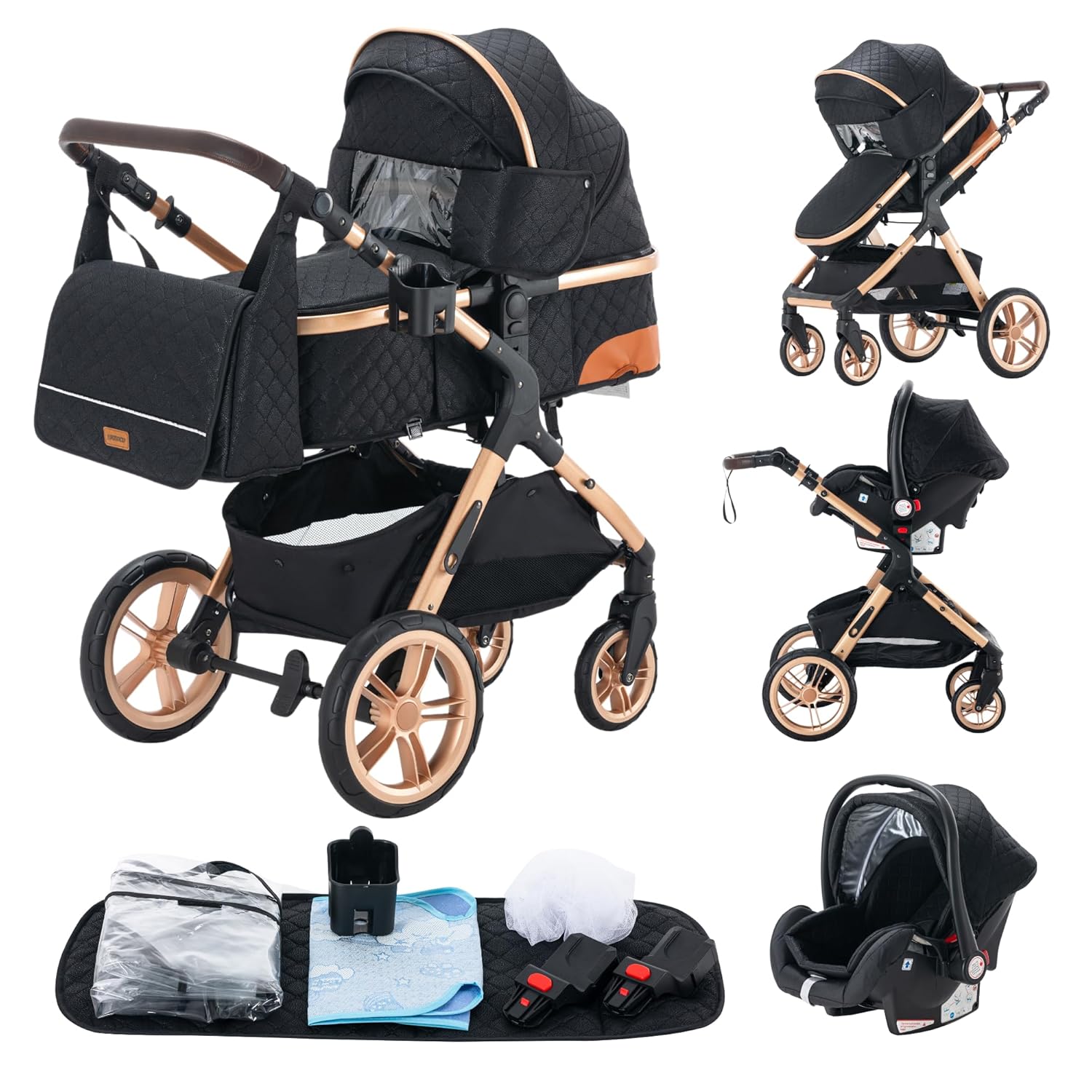 YAZOCO kinderwagen 3 in 1, Zusammenklappbar kinderwagen mit Wickeltasche,Komplettset Becherhalter,Moskitonetz, Fußabdeckung,Sitzzubehör (4 Rosa)