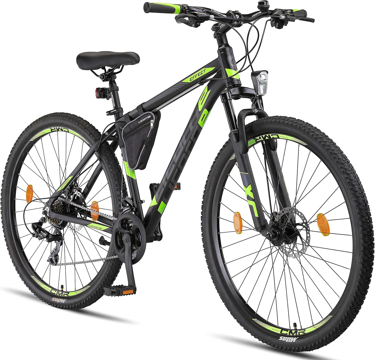 Licorne Bike Effect Premium - Bicicleta de montaña de 29 Pulgadas - para niños, niñas, Hombres Mujeres - Cambio de 21 velocidades - para Hombre - Negro/Lime (2 Frenos de Disco)