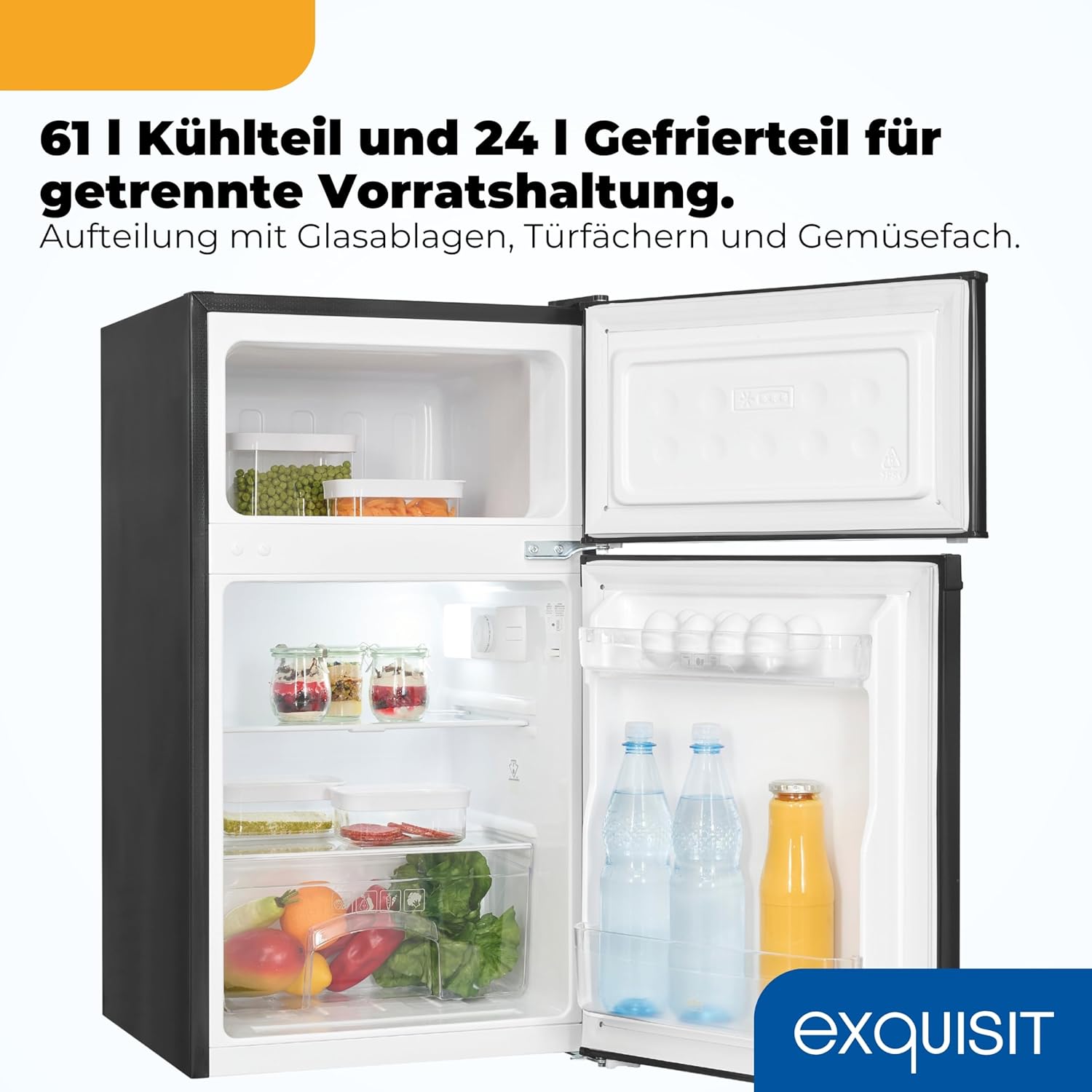 Exquisit Kühl-Gefrierkombination | 85 l Nutzinhalt, Energieklasse E, 40 dB(A) | kompakte Bauform, 4-Sterne-Gefrierfach, LED-Beleuchtung, elektronische Temperaturregelung | KGC590-30-E-040E schwarz