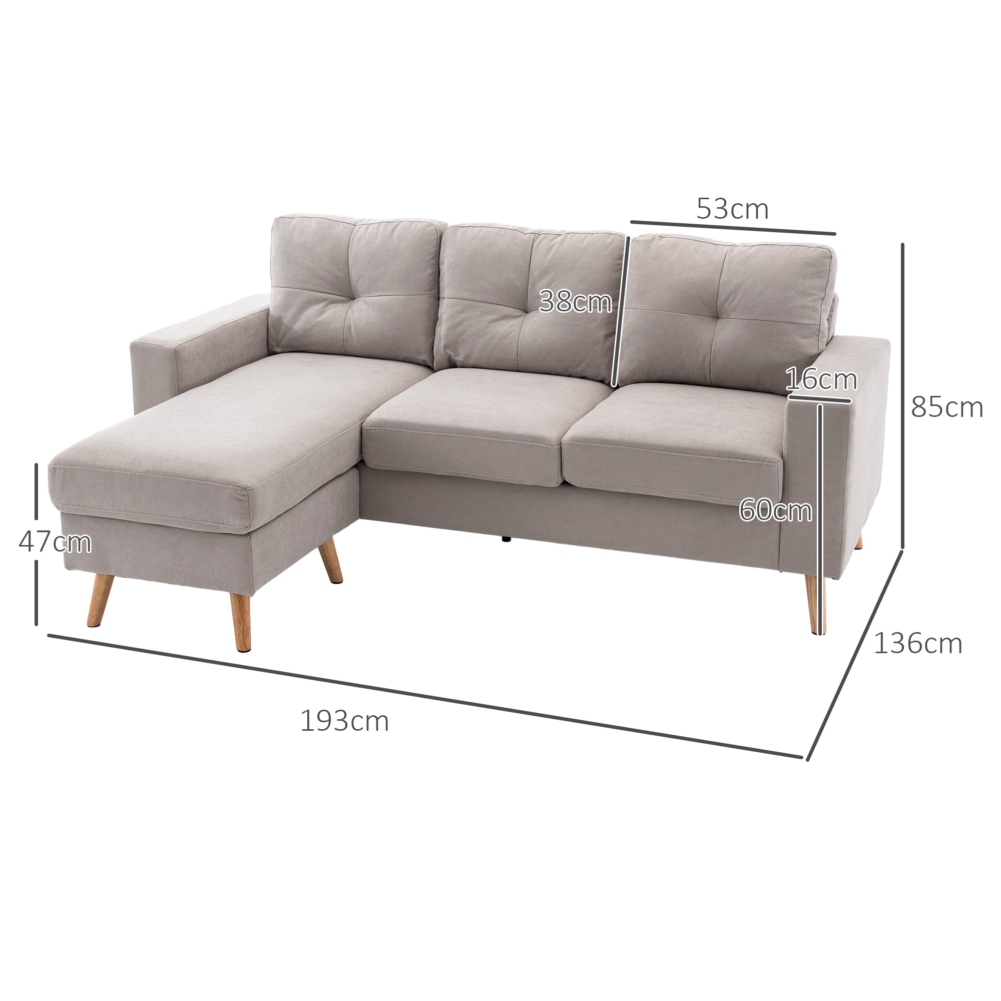 3-zits hoekbank, linnenlook, omkeerbare chaise longue, 193x136x85 cm, lichtgrijs