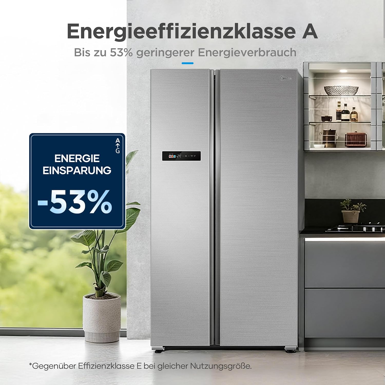 Midea Side-by-Side Kühl-Gefrierkombination 592 L | No Frost, Inverter Kompressor, leise 35 dB | 179,3 cm hoch, Multi-Air-Flow, SuperCool & Freeze | Platinum Fresh | Blau-Stahl, MDRS791MYA46