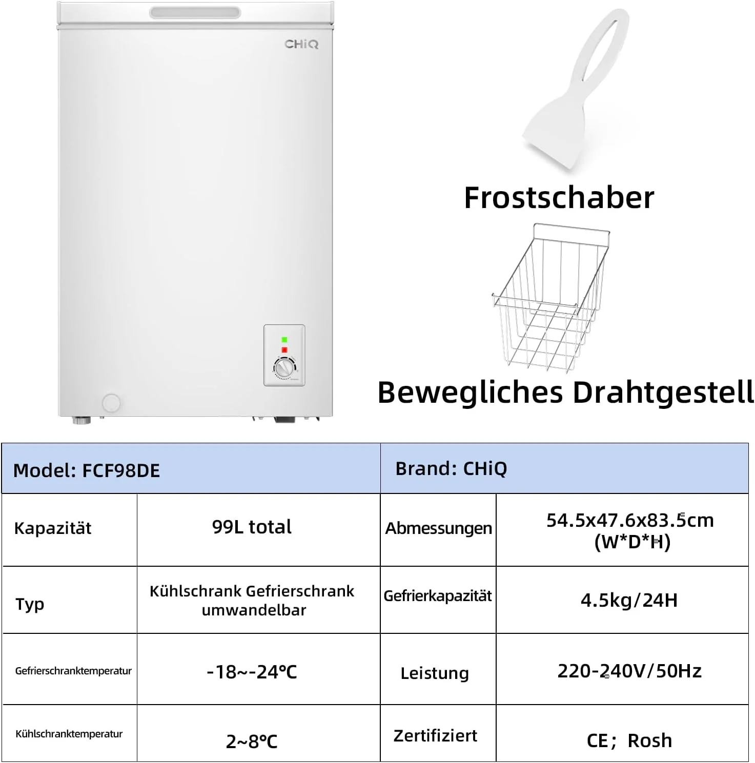 CHiQ FCF98DE Vrieskist 99 L, 54,5 x 47,6 x 83,5 cm, 4-sterrenvriezer, Thermostaatregeling, Draadmand, Balancerende deur, Stil, Wit