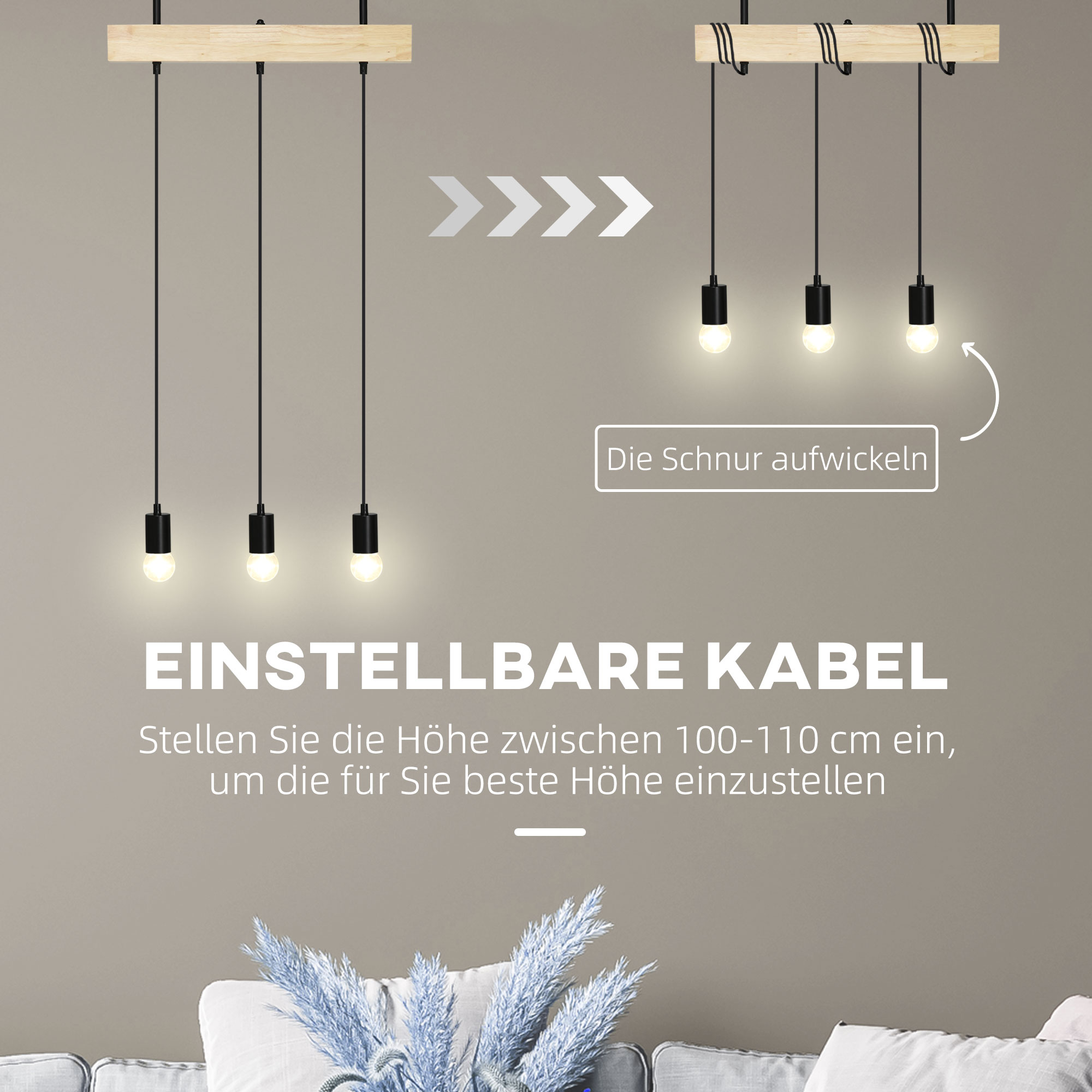 Hanglamp, 3-Lichtbronnen, Hoogteverstelbaar, Industrieel Design, Metaal+Hout, Zwart