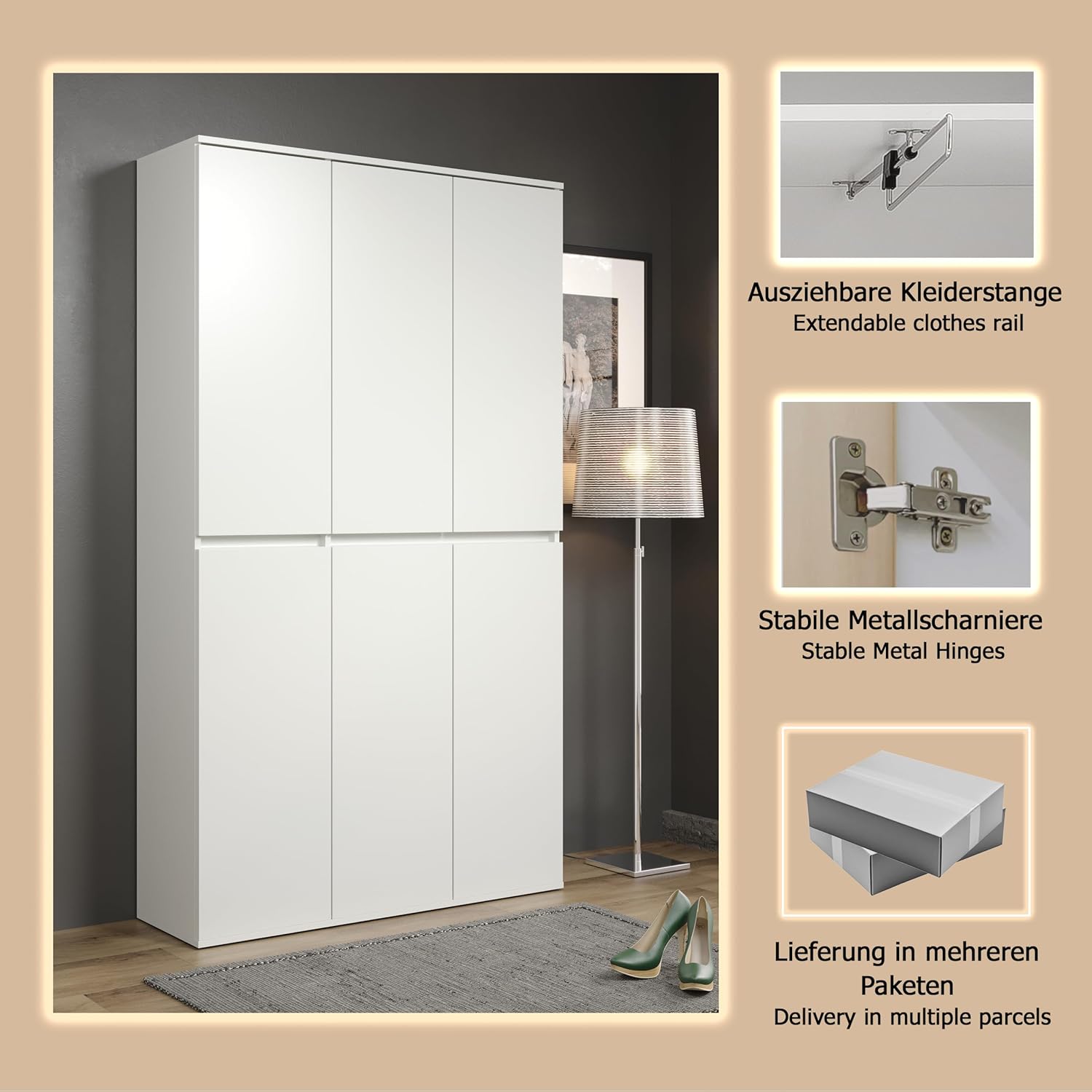 trendteam smart living - Nevada - Mehrzweckschrank - Weiß - Schrank mit 6 Türen, 12 Einlegeböden und 1 Kleiderstange - (BxHxT) 111 x 191 x 34 cm - grifflose Türen