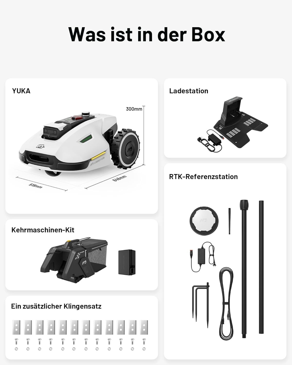 MAMMOTION YUKA Mini 700 Mähroboter ohne Begrenzungskabel, NetRTK+Vision, Keine RTK-Antenne erforderlich, Auto-Kartierung, Empf. 700m², Max. 1100m², mit 4G-Modul, 50% Steigung