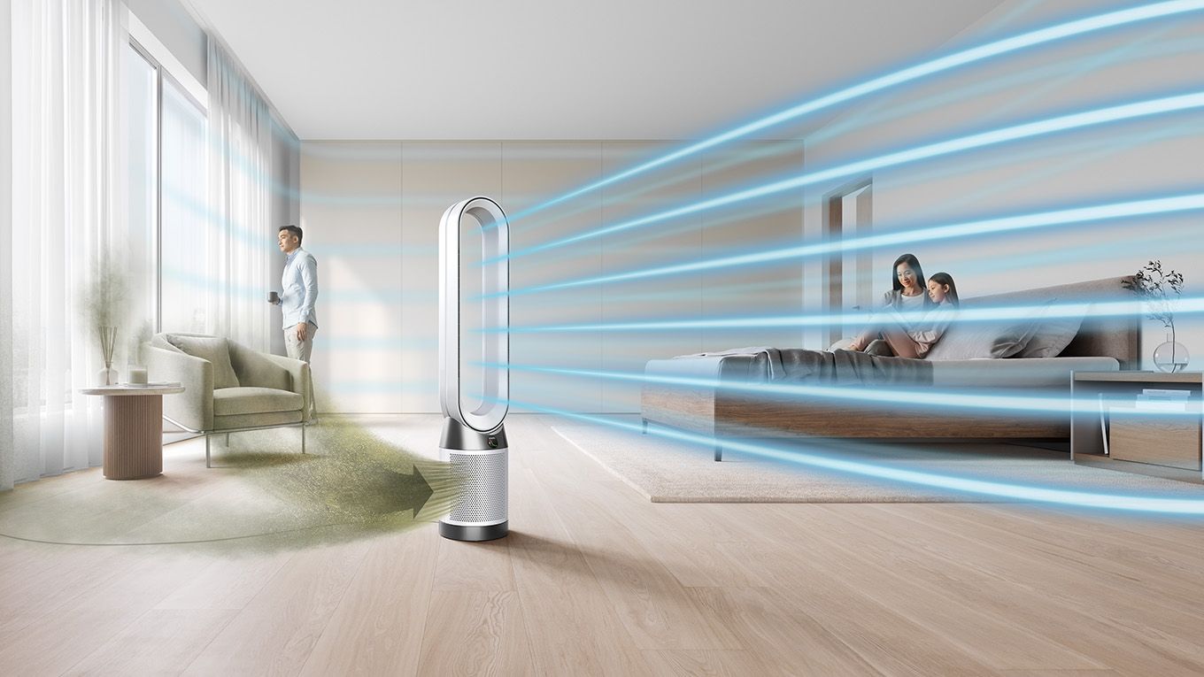 Le flux d'air sur un purificateur Dyson pos&eacute; au sol dans une pi&egrave;ce