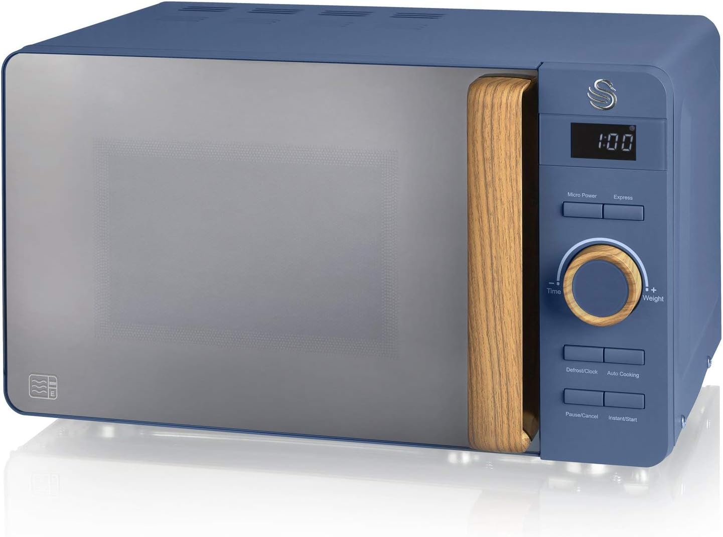 Swan Nordic SM22036WHTN Digitale Mikrowelle, Griff in Holzoptik, Gehäuse mit weicher Haptik und matter Oberfläche, 800 W, Baumwollweiß