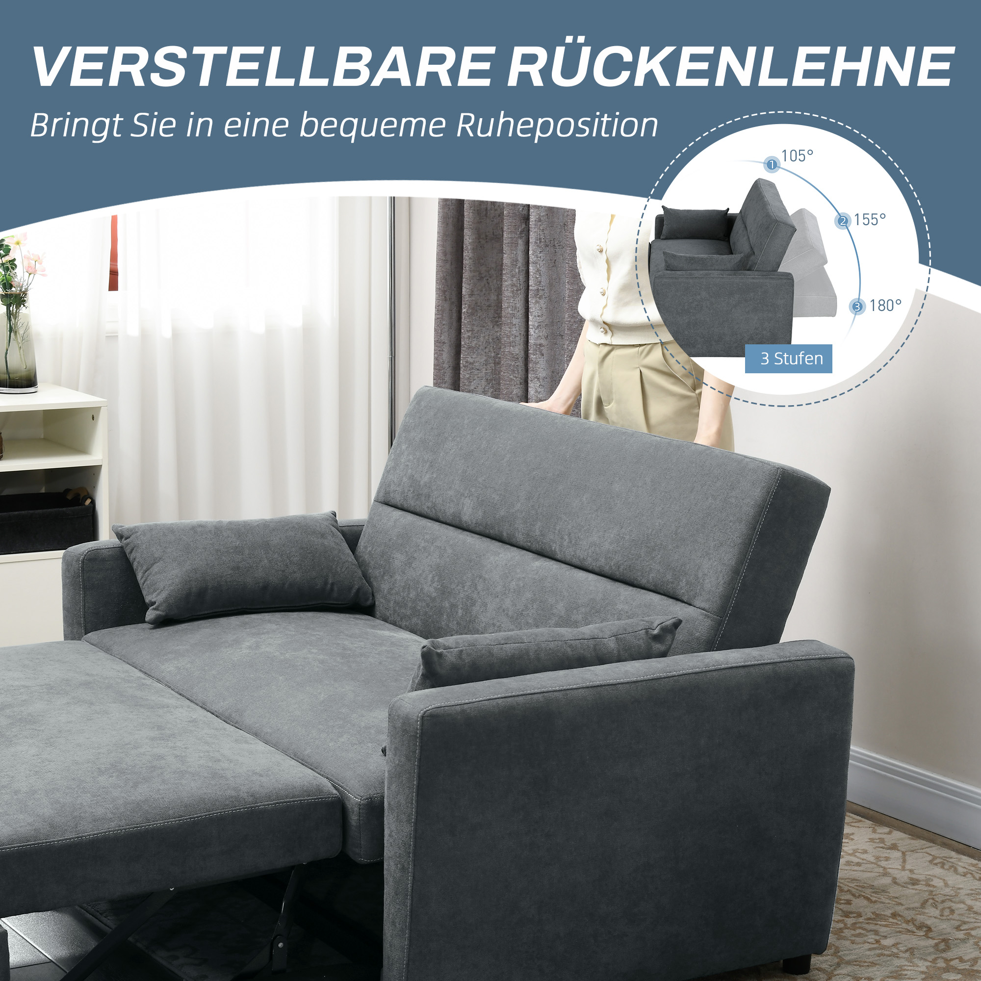 Uitklapbare slaapbank, 2-zits, tot 200 kg, Houten frame, 155x90x88,5cm, Donkergrijs