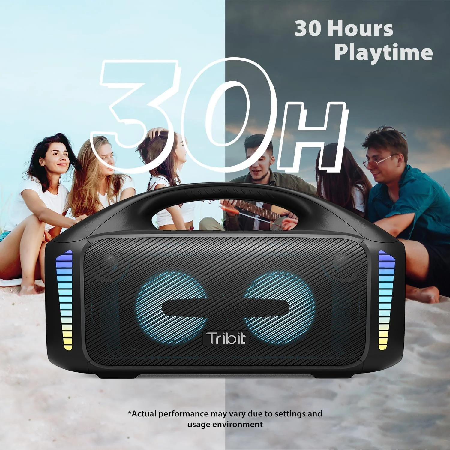 Tribit Bluetooth-luidspreker StormBox Blast, Draagbare partyluidspreker 90W Luid stereogeluid met XBass LED-lichtshow Bluetooth 5.3, Waterdicht IPX7, TWS, 30 uur speeltijd voor buiten