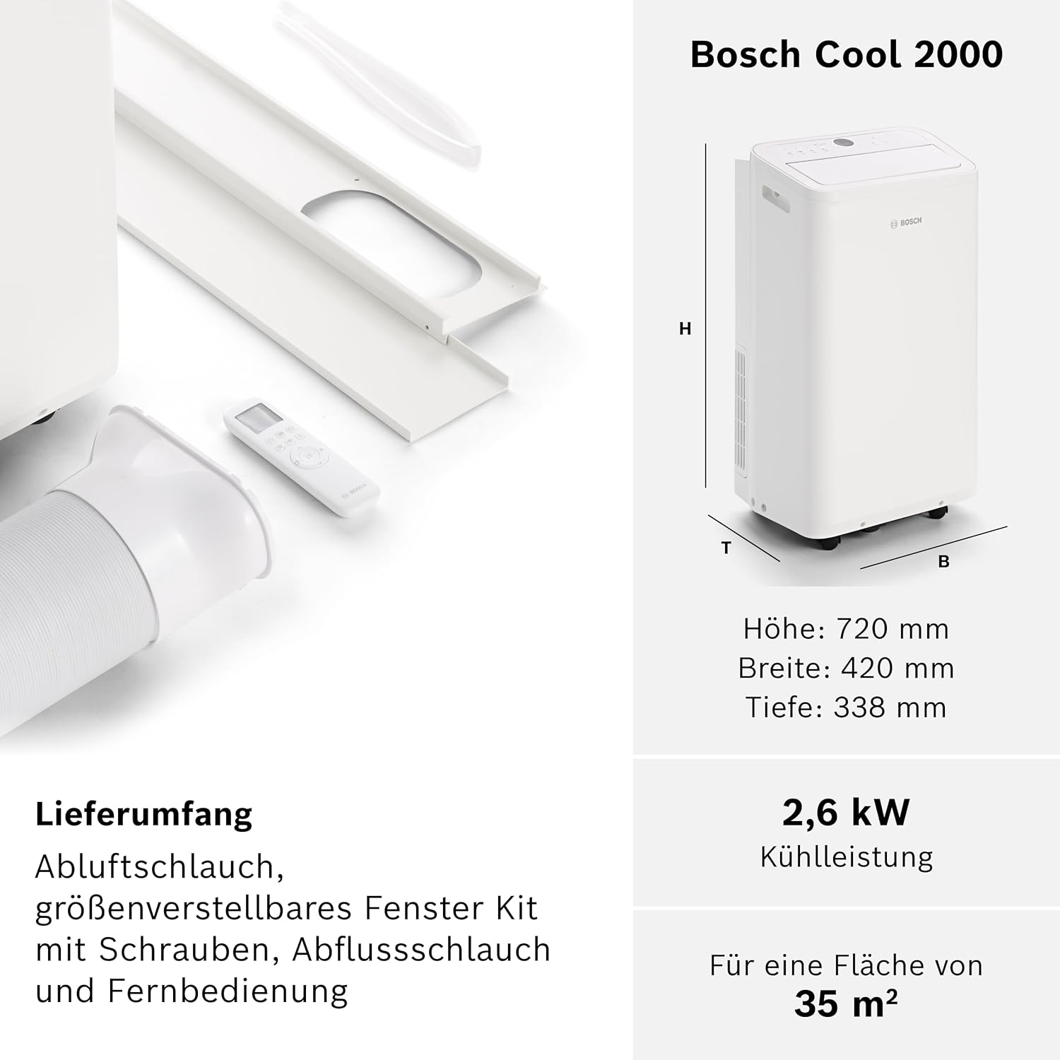 Bosch Cool 4000 Mobiles Klimagerät - 3-in-1: Klimagerät, Luftentfeuchter, Ventilator - 2,6 kW für Räume bis zu 35m² - Mit Auto-Modus, Silent-Modus & Sleep-Modus