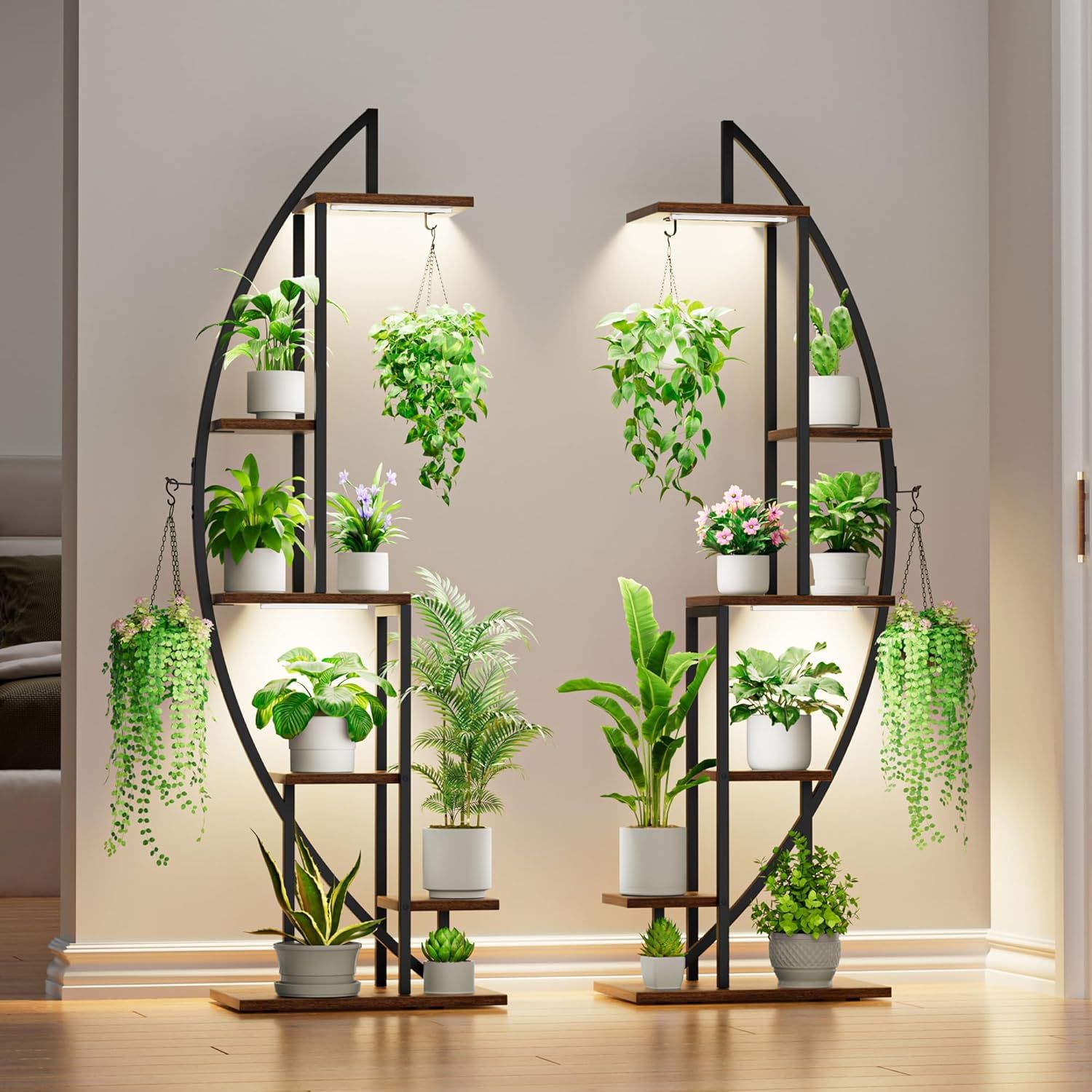 Indoor Plant Stand with LED Grow Lights, 6-Tier Metal Shelf, Half-Moon Display Rack for Living Room and Patio