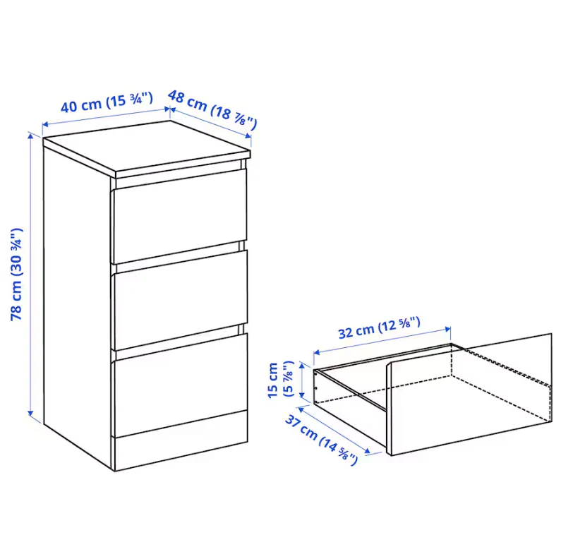 2025 IKEA MALM ladekast met 3 lades �C Wit, 40 x 78 cm, ruimtebesparend en stijlvol
