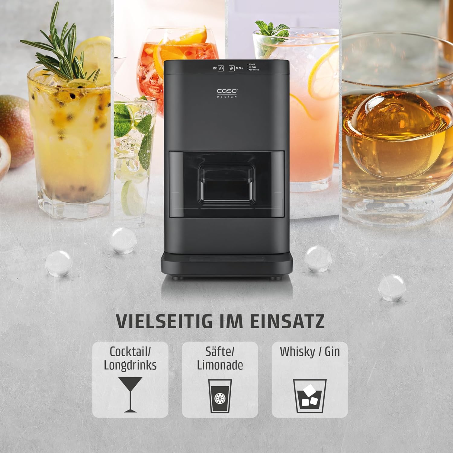 CASO IceBall Pro Eiskugelbereiter mit Kompressor - Kristallklare Eiskugeln 50-55 mm, 2 Kugeln/Stunde, 1,3 l Wassertank, Selbstreinigung, LED-Anzeige, mattschwarz