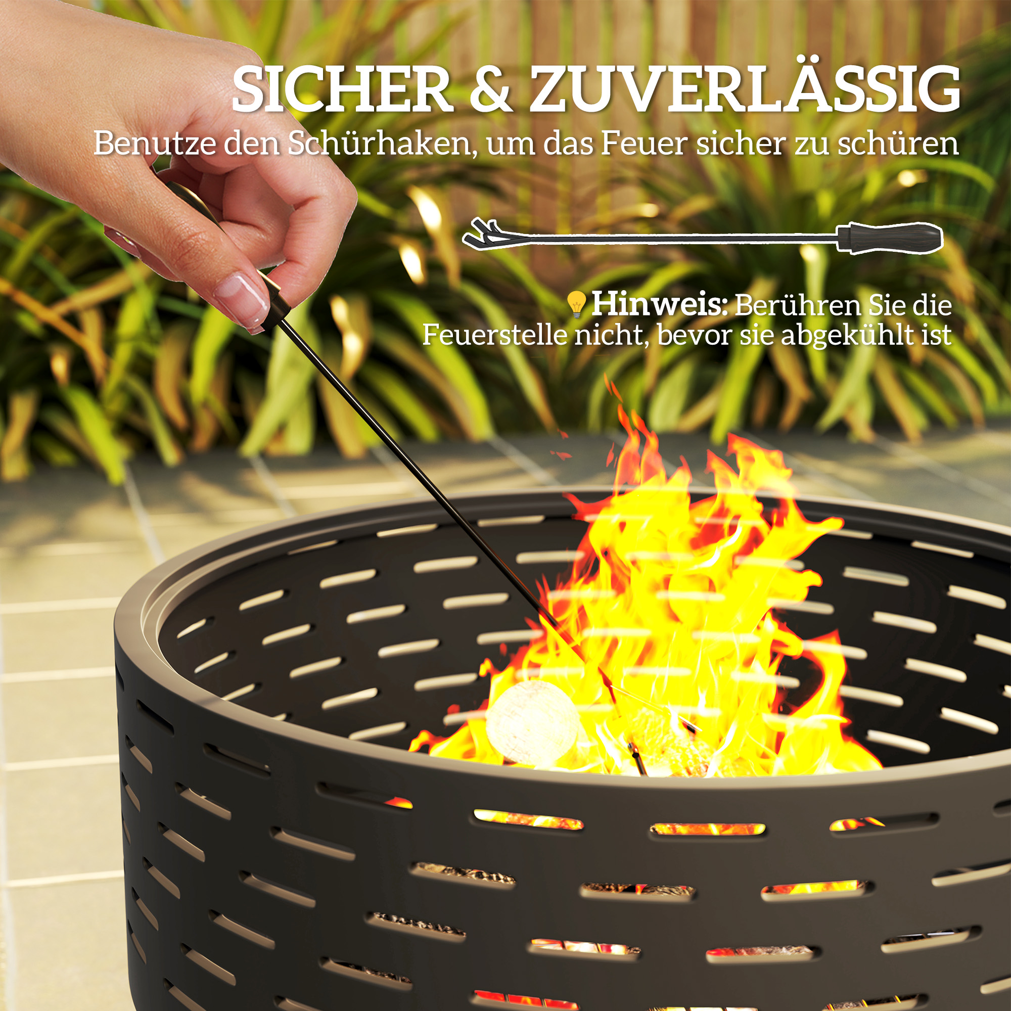Outsunny 3-in-1 Vuurschaal Ø60 x 39cm van Roestvrij Staal met Grillrooster, Vonkenbescherming en Vuurhaak Steenkoolgrijs