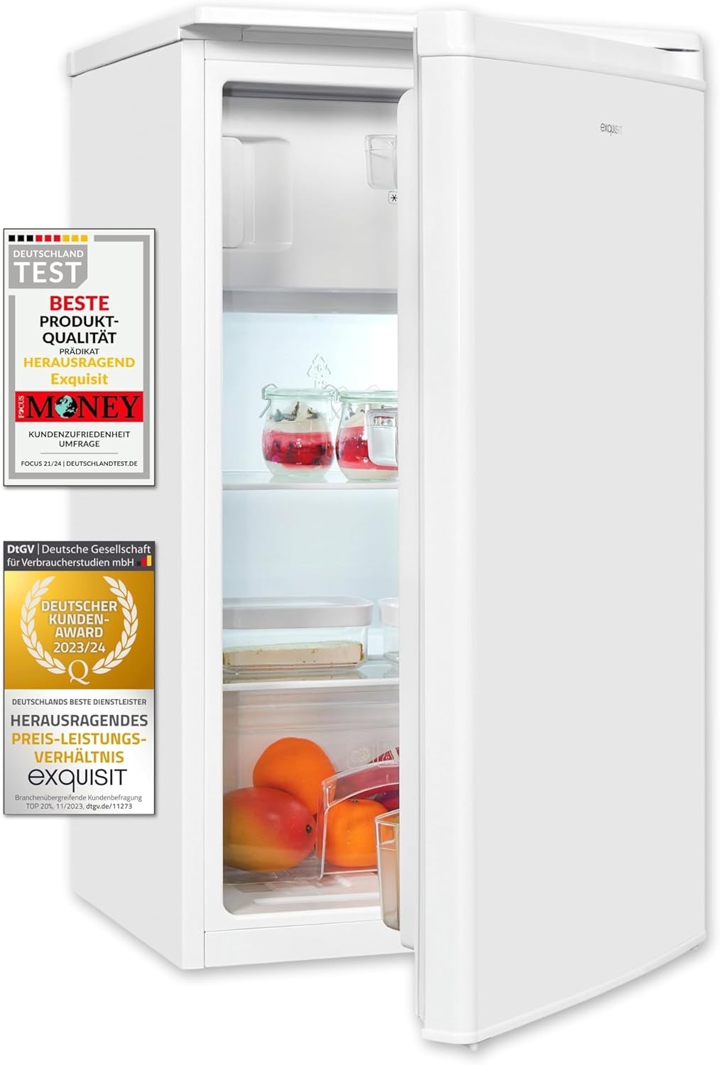 Exquisit Kühlschrank KS117-3-041E weiss | 81 L Volumen | Kühlschrank mit Gefrierfach freistehend | LED | Gemüsefach | Freistehender Kühlschrank mit Gefrierfach