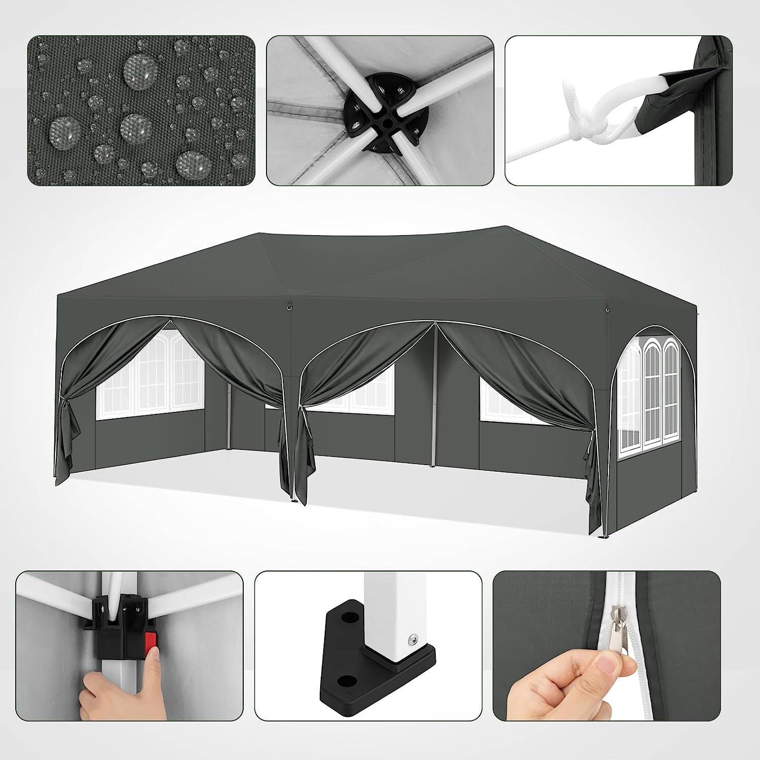 Pavillon 3x6m wasserdicht stabil mit 6 Seitenwänden, UV-Schutz 50+ höhenverstellbarer Pop-up Sonnenschirm für Garten, Terrasse, Camping, Party & Hochzeit