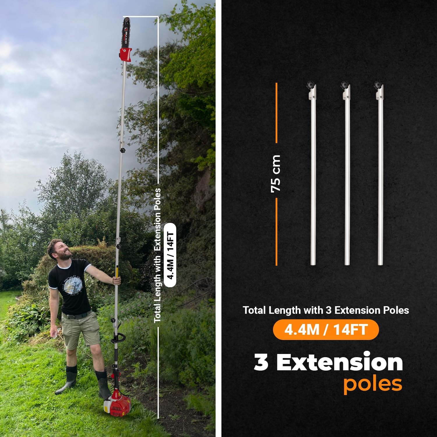 BU-KO Benzin-Heckenschere und Gartensäge mit 52 cc Langer Reichweite, mit 3 x 75 mm Verlängerungsstange, Ultimatives Gartenwerkzeug für präzises Schneiden
