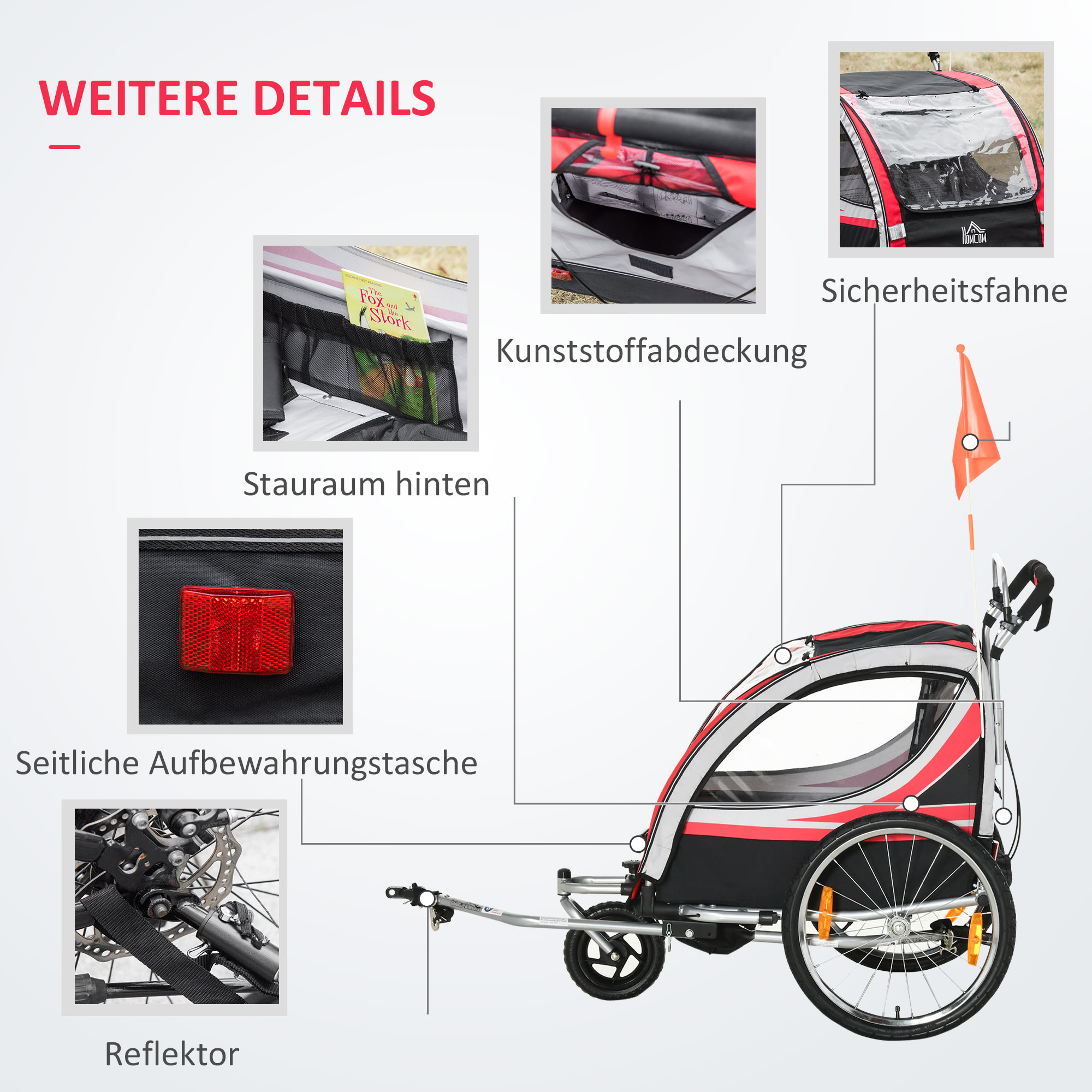 2 in 1 kinderfietskar, kinderkar met vering, rood + zwart