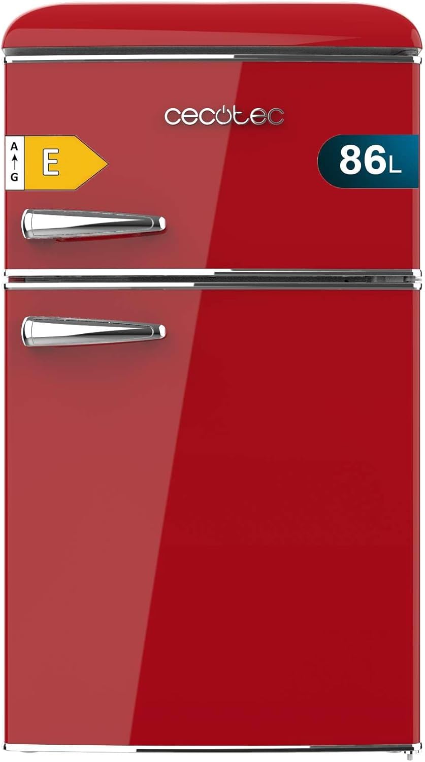 Cecotec Réfrigérateur Congélateur Bolero CoolMarket 2D Origin 86 Red E. 86 L, Clayettes en Verre et Tiroir à Légumes, Classe E, Total No Frost, Contrôle de la Température, Lumière LED, Rétro