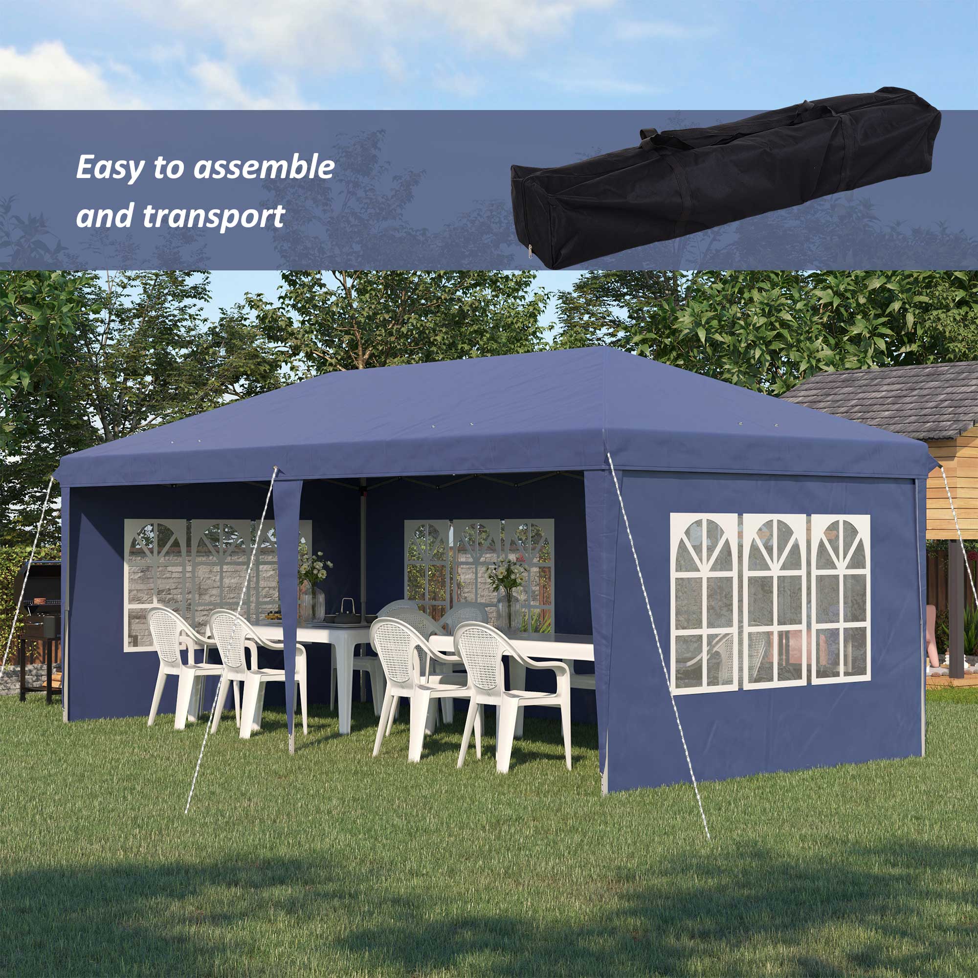 Opklapbare tuinpaviljoen van 6 x 3 m, halfopen, verwijderbare zijwanden, grote ramen, draagtas, stalen frame, blauw