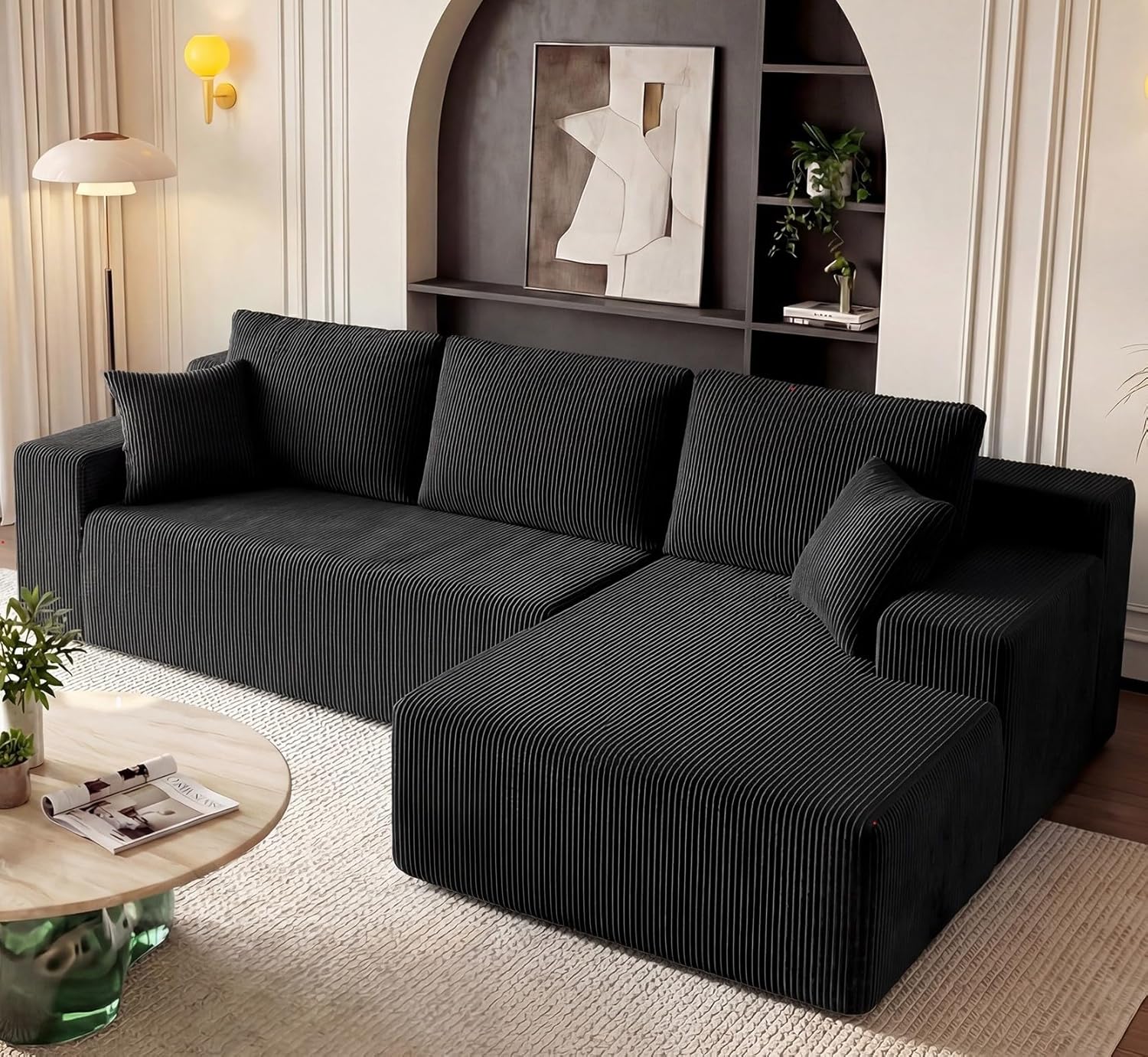 GRUSIGN Cloud Sectional Boneless Couches for Living Room, Modular L Shaped Couch with Deep Seat Oversized Right Facing Chaise, Memory Foam Compressed Spineless 3 Seater Sofa for Apartment, Black