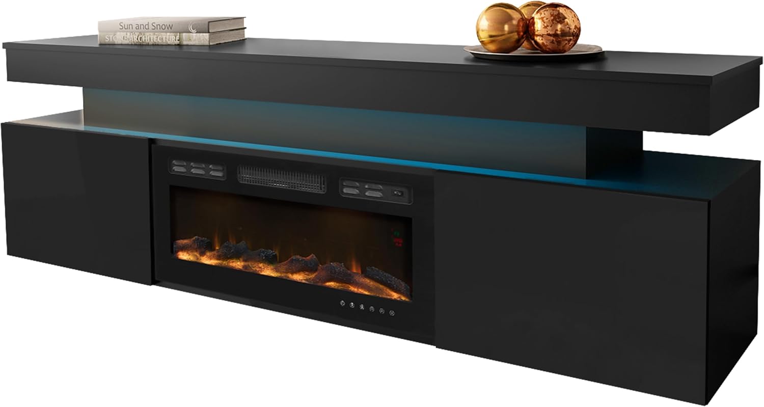 Mirjan24 TV Schrank Serkuzo EF 2D mit Elektrischem Kamin, Praktischer Fernsehschrank, TV Lowboard mit Grifflose Öffnen, Realistische LED-Flamme (Schwarz/Schwarz Hochglanz)