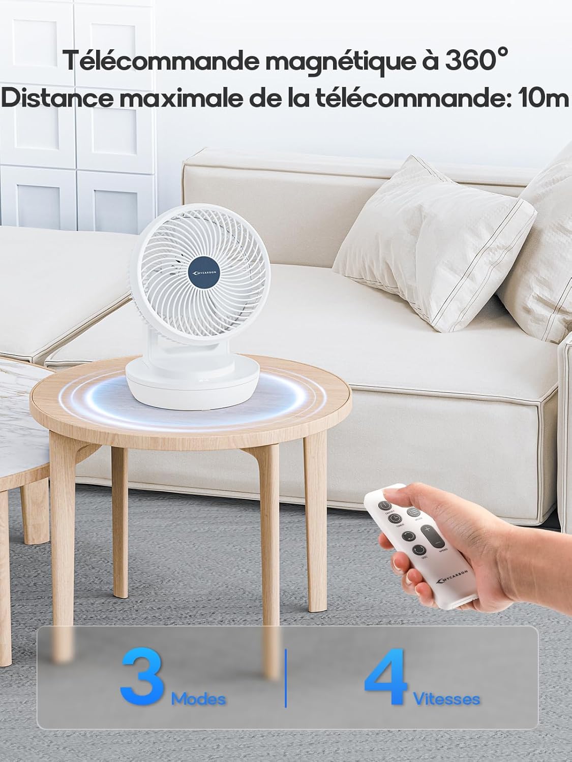 MYCARBON Ventilateur Silencieux avec Télécommande 1800m³/h ECO Mode 3D Oscillation 4 Vitesses Minuterie 12h Turbo Ventilateur de Table à Circulation d'Air pour Bureau Chambre 30m², Blanc