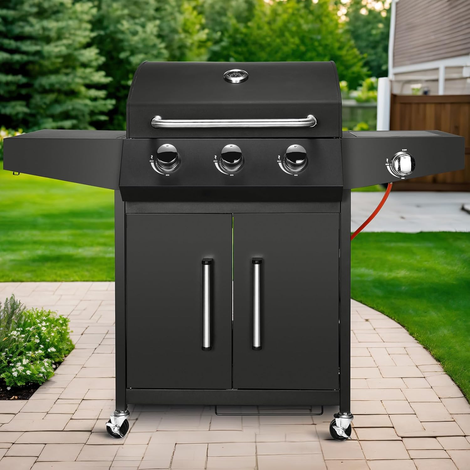 LIFERUN Gasgrill 3+1 Edelstahl Brenner,13,5 kw Gas Grillwagen BBQ mit Seitenkochfeld,Gasgriller mit Thermometer,4 PCS Bremse Rollen,DE I3B/P(50) Gasdruckregler,Grillküche Camping Garten(Butan/Propan)