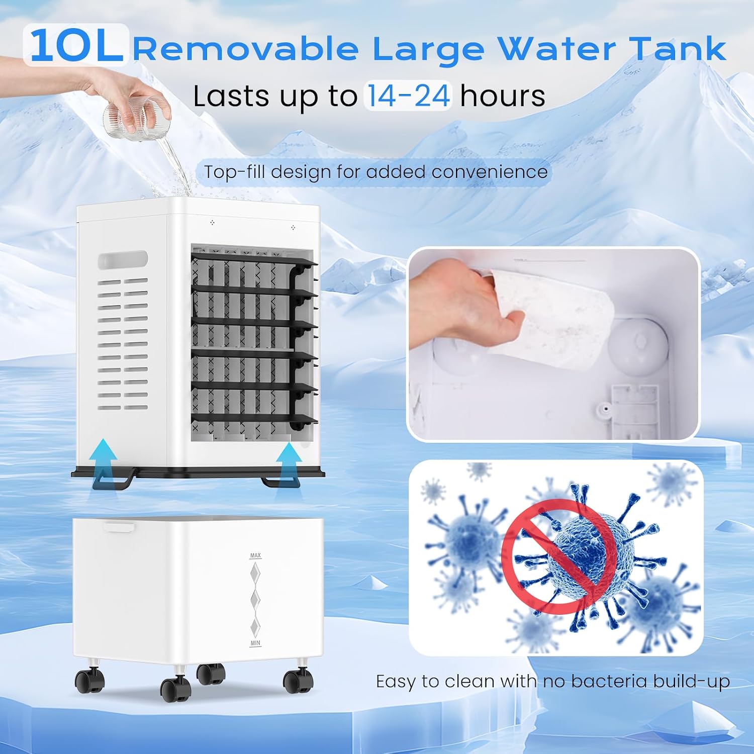 Klimaanlage Mobil 45W, Tragbarer Luftkühler3-seitiger Lufteinlass, 6 Modi, Verdunstungskühler mit 12L Abnehmbarem Tank, 24h Timer, 60/120° Oszillation, Leise, Fernbedienbar, für Zuhause & Schlafzimmer