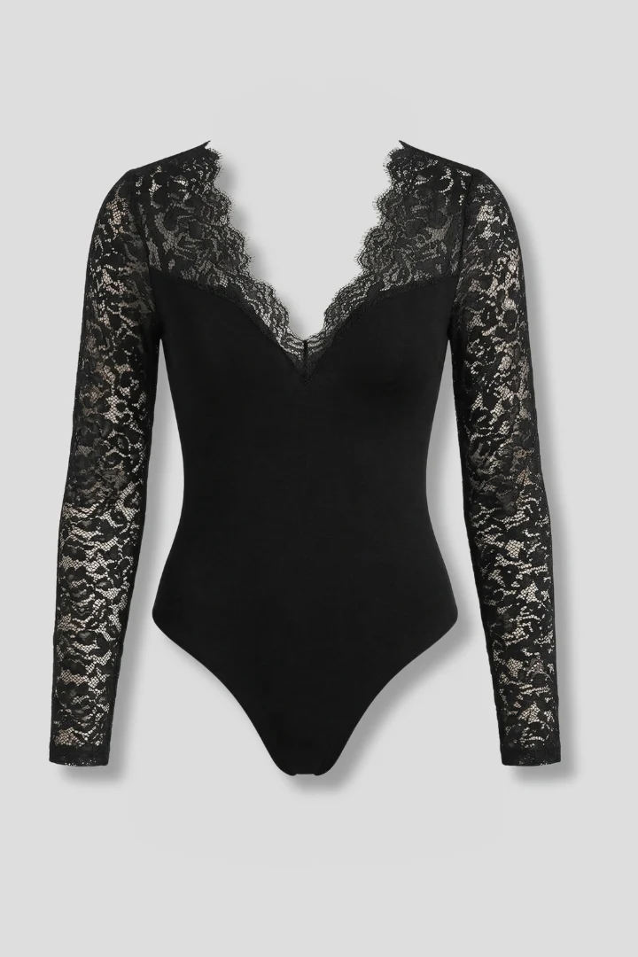 Damenbluse mit V-Ausschnitt und eleganten Spitzen?rmeln | Langarm Oberteil in Slim Fit Passform f��r Alltag und Abend