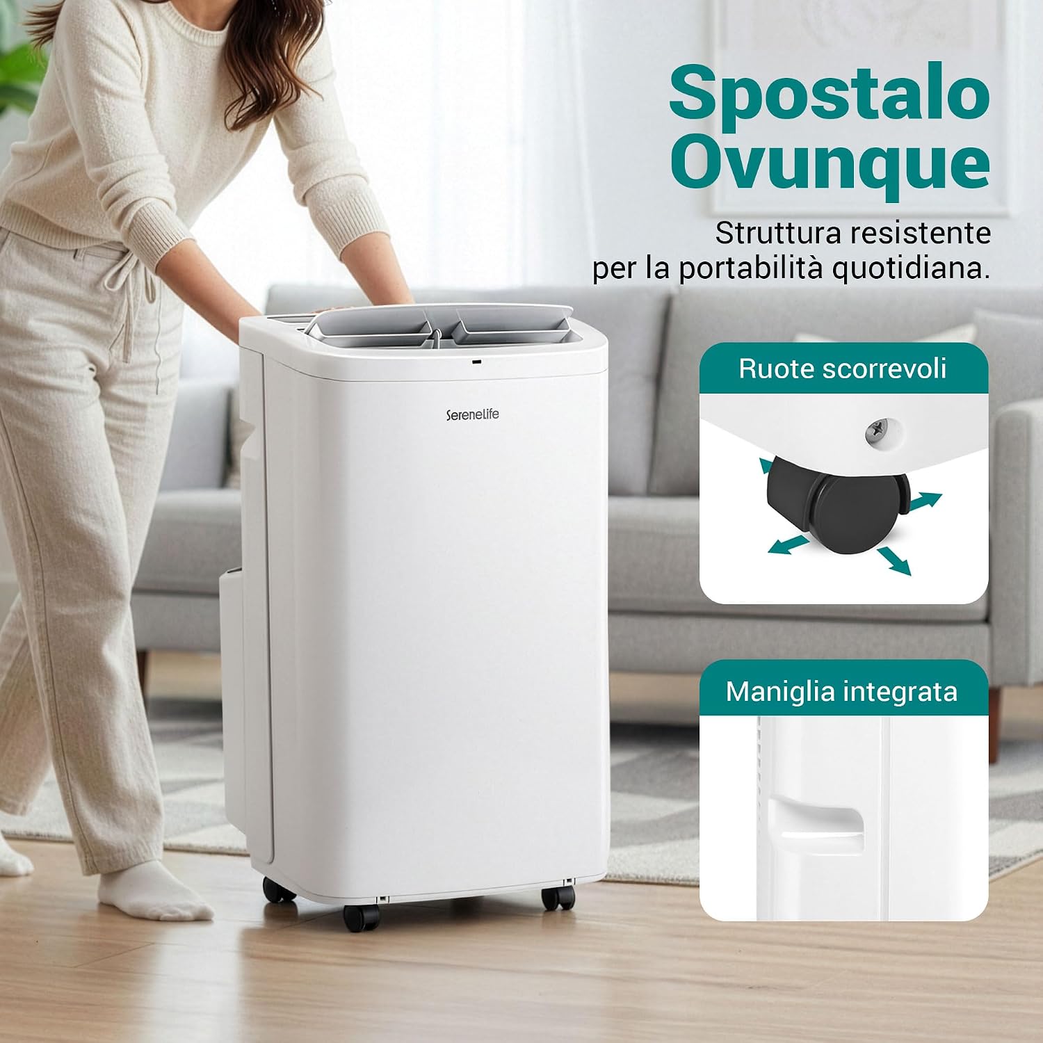 SereneLife Mobile Klimaanlage 4,1 kW 13000 BTU – Kleine Klimaanlage für Zimmer bis 105 m² Leise 52 dB Klimagerät fürs Schlafzimmer mit WLAN Entfeuchter, Lüfter, Fernbedienung