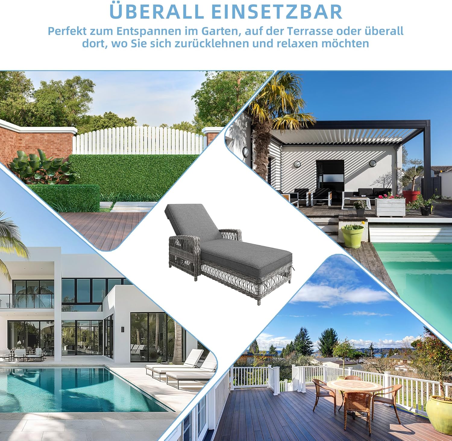Lcoho Outdoor-Liege aus Rattan(1 Set), wetterfeste Sonnenliege mit Verstellbarer Rückenlehne, Gartenliege mit abnehmbarem Kissen, für Terrasse, Balkon, Poolbereich, grau