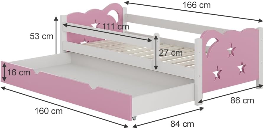 Kinderbett 80x160 cm Jessica mit Schublade und Matratze - Rosa/Weiß 166x53x86 cm aus Bambus - Bettschublade perfekt für Kinder, Geborgenheit für eine Nacht voller schöner Träume