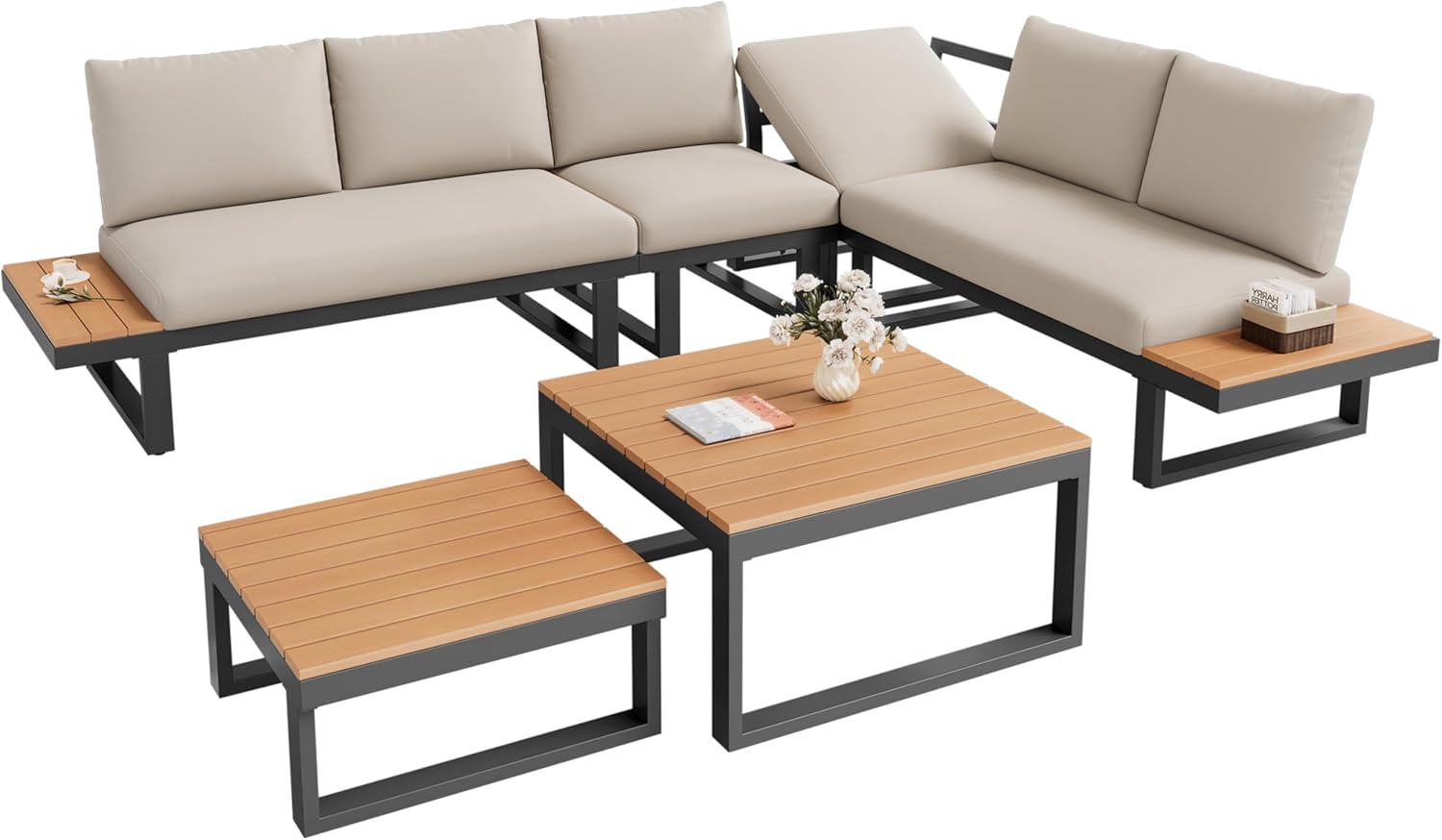 Gartenmöbel-Set, Eckstellung, mit Verstellbarer Neigungsfunktion (5-stufig, bis 55°), verzinktes Stahlrohr, Tischplatte aus Kunststoffholz, mit Zwei Couchtischen, Beige + grau