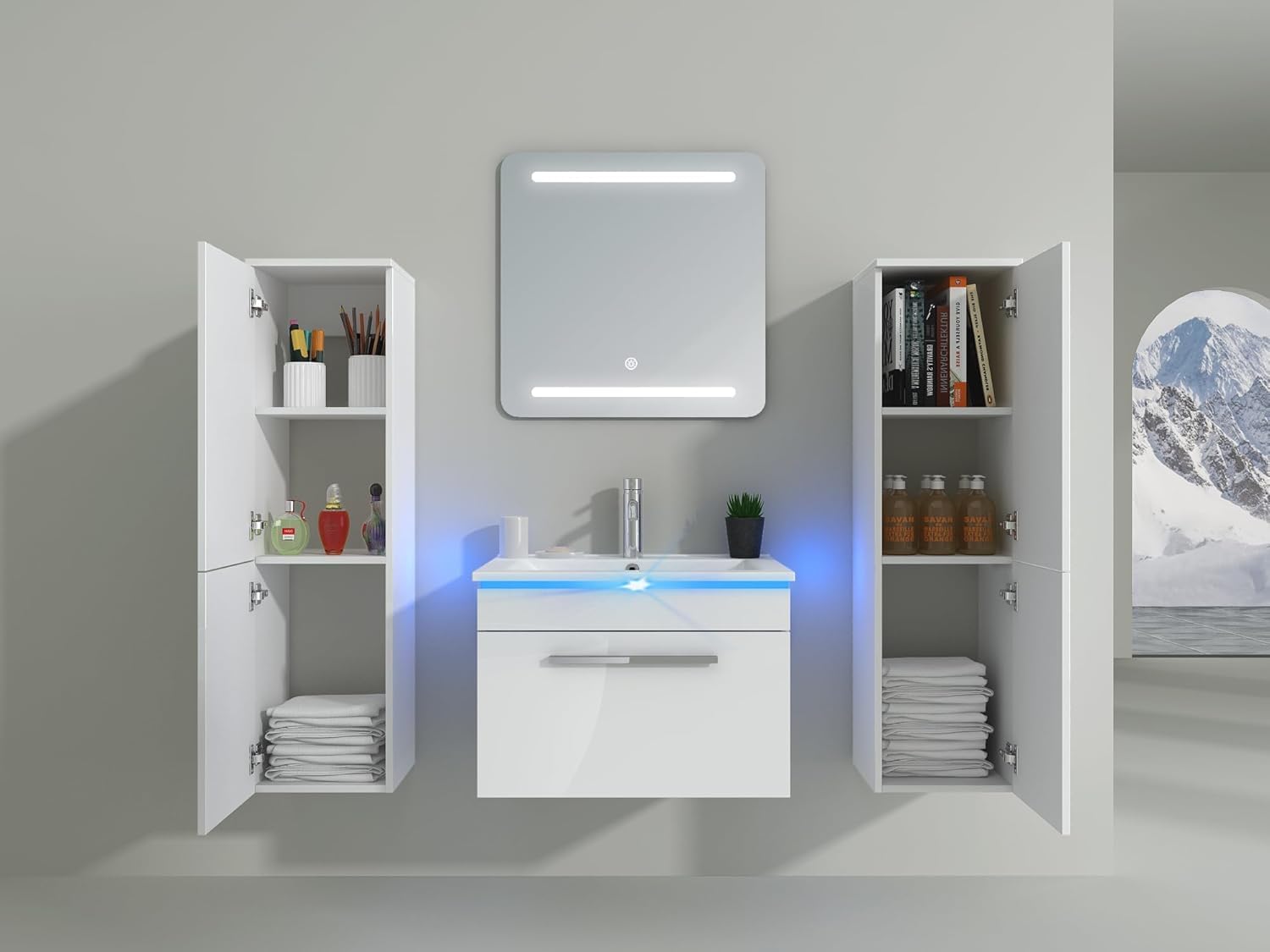Faizee Möbel Miran Hochglanz Badmöbel Set mit Spiegel & Keramik-Waschbecken – Modernes 6-teiliges Badezimmer Set mit Soft-Close Unterschrank & 2 Seitenschränken (Miran Weiß, 60 cm (Unterschrank))